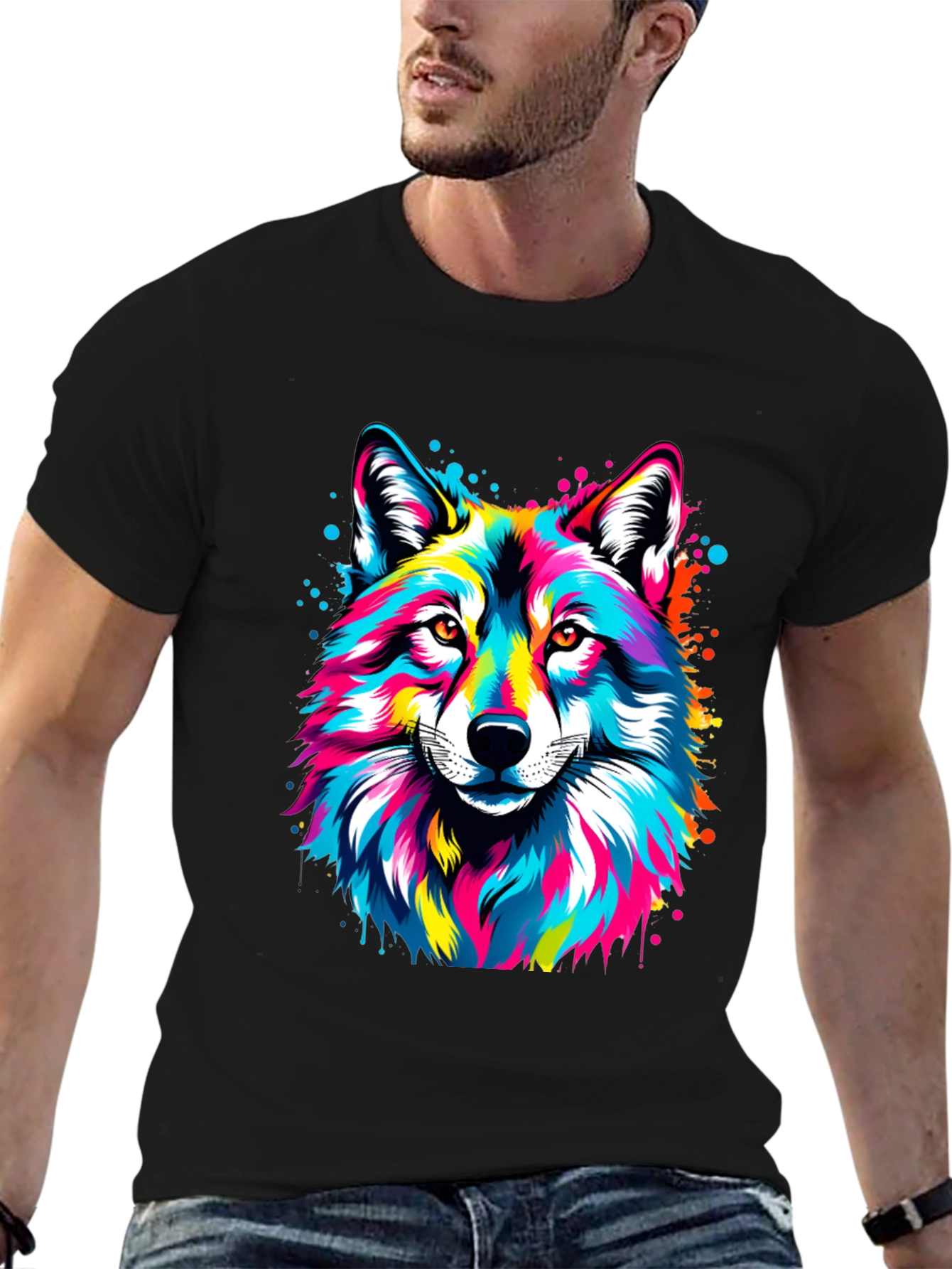 Vibrant Wolf Graphic Black T-Shirt