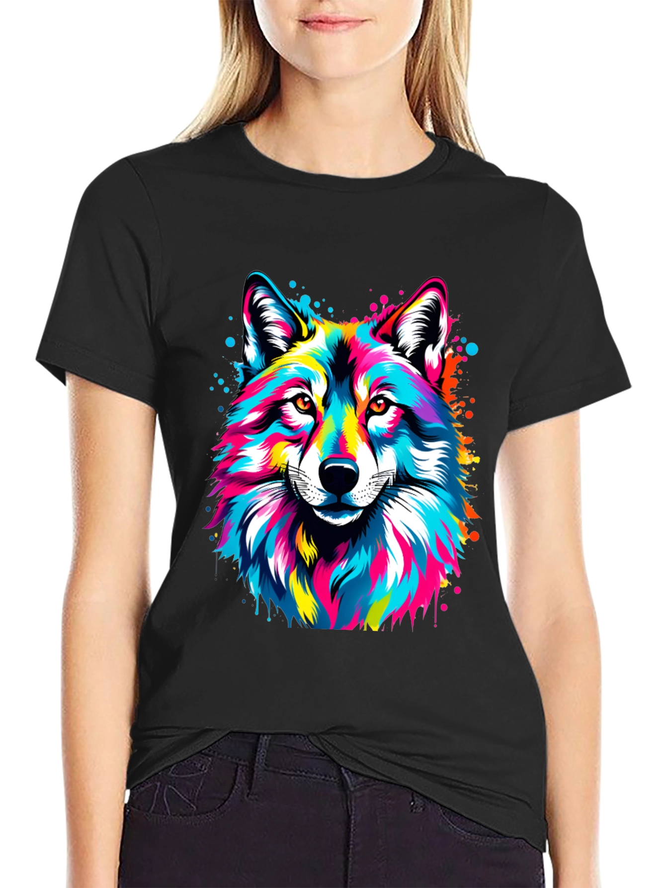Vibrant Wolf Graphic Black T-Shirt