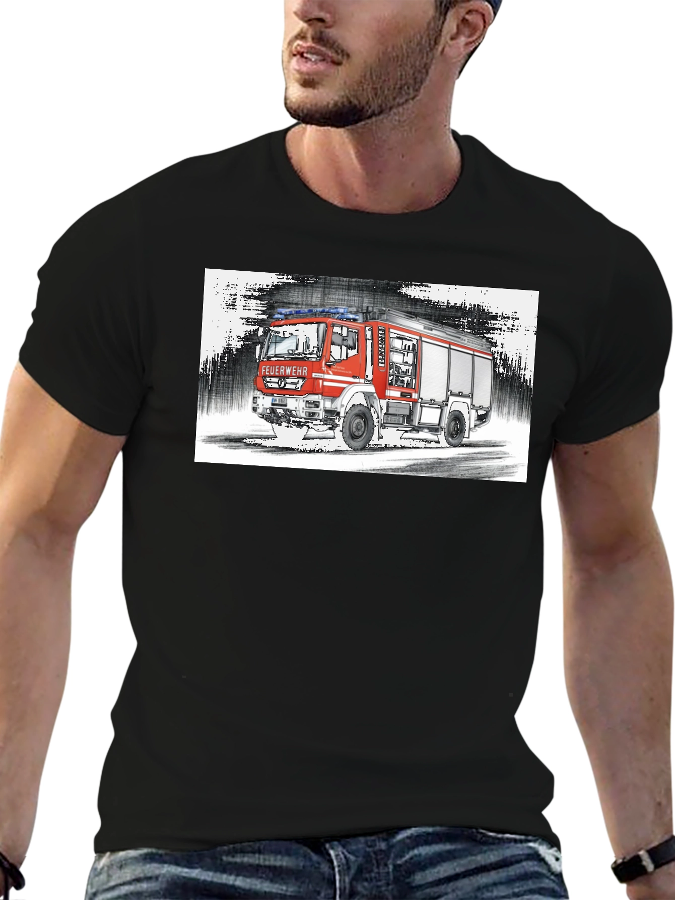 Fire Truck Graphic Tee - Black Cotton T-Shirt
