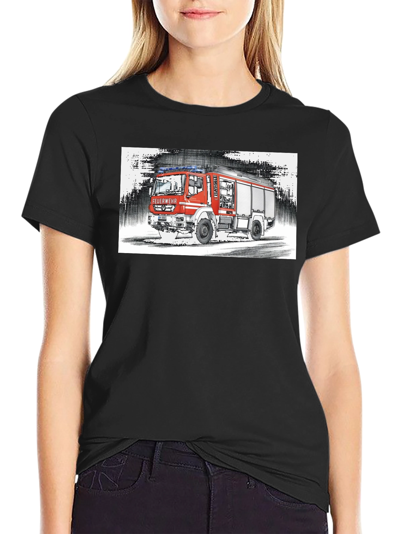 Fire Truck Graphic Tee - Black Cotton T-Shirt