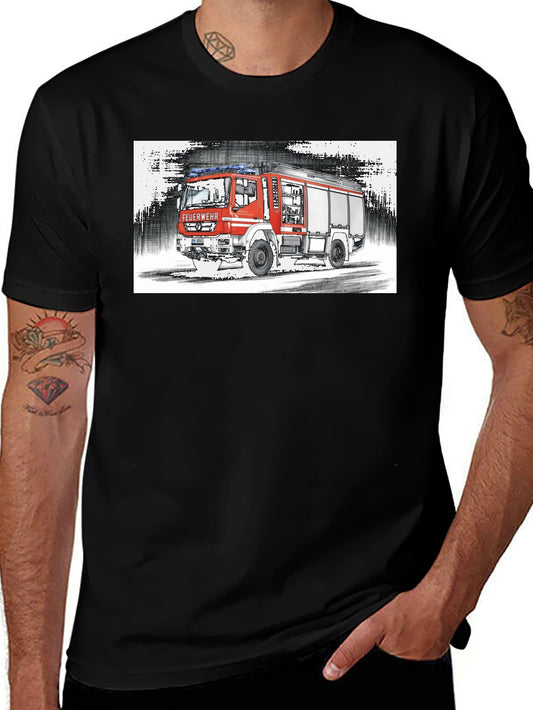 Fire Truck Graphic Tee - Black Cotton T-Shirt