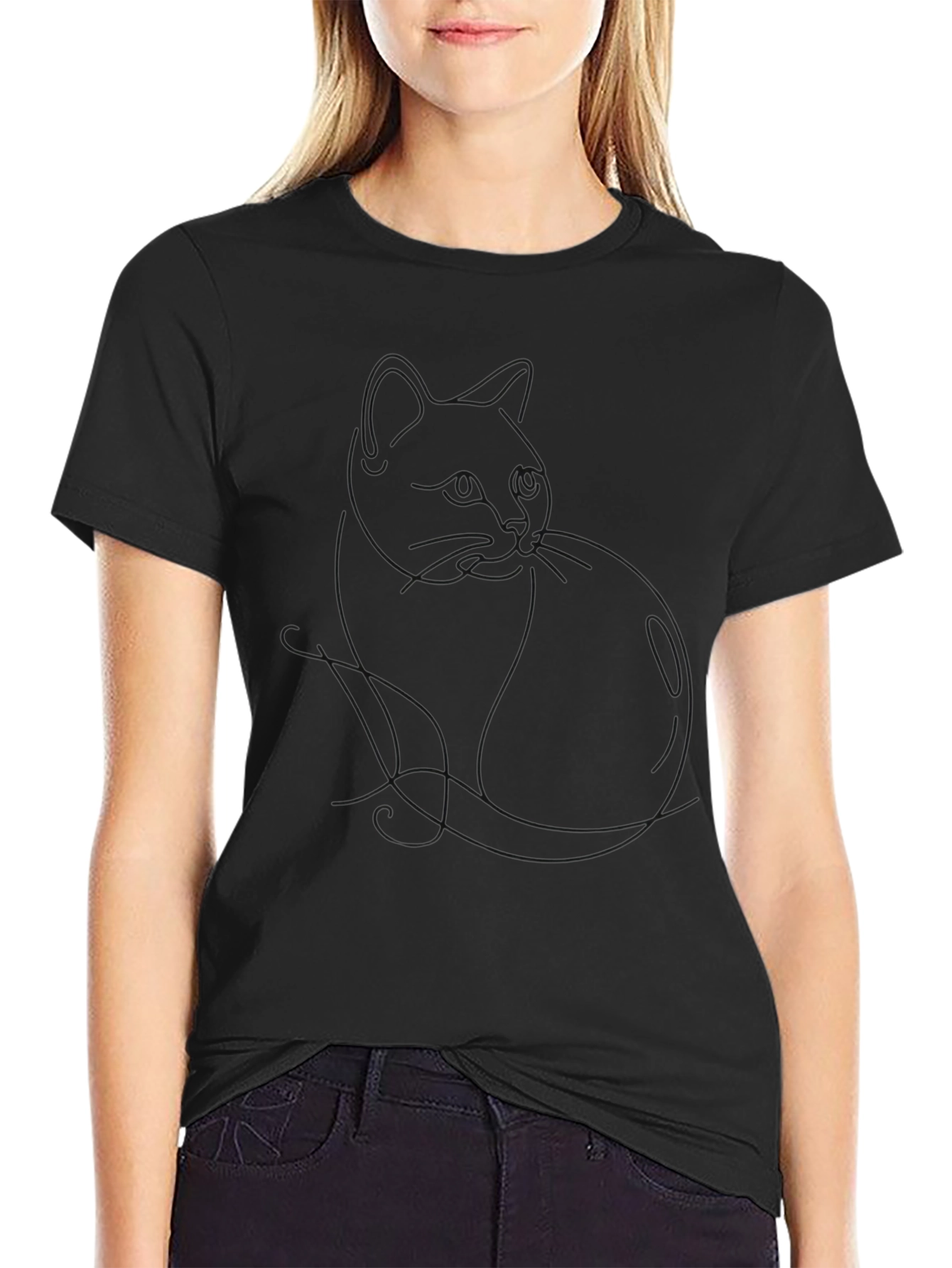 Minimalist Cat Outline Black T-Shirt