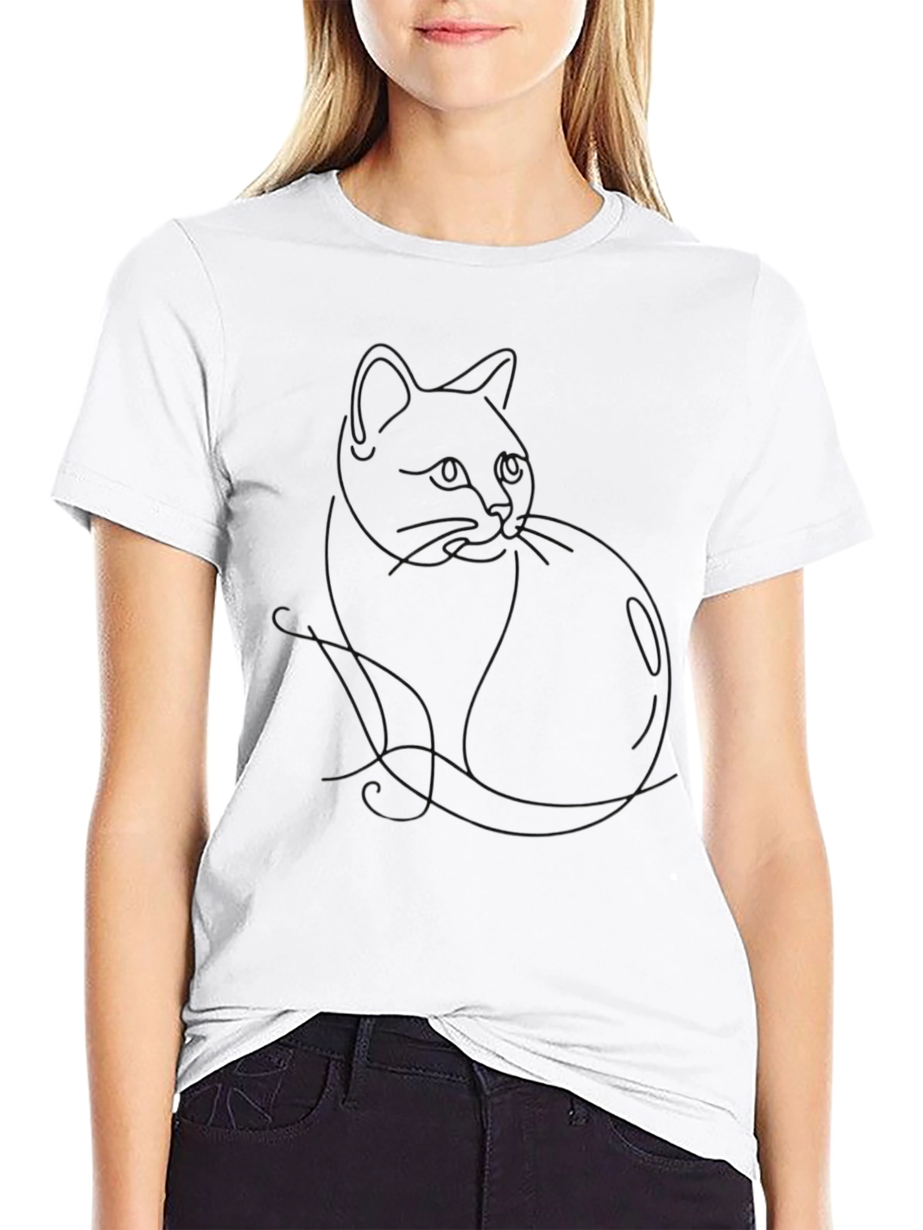 Minimalist Cat Outline Black T-Shirt