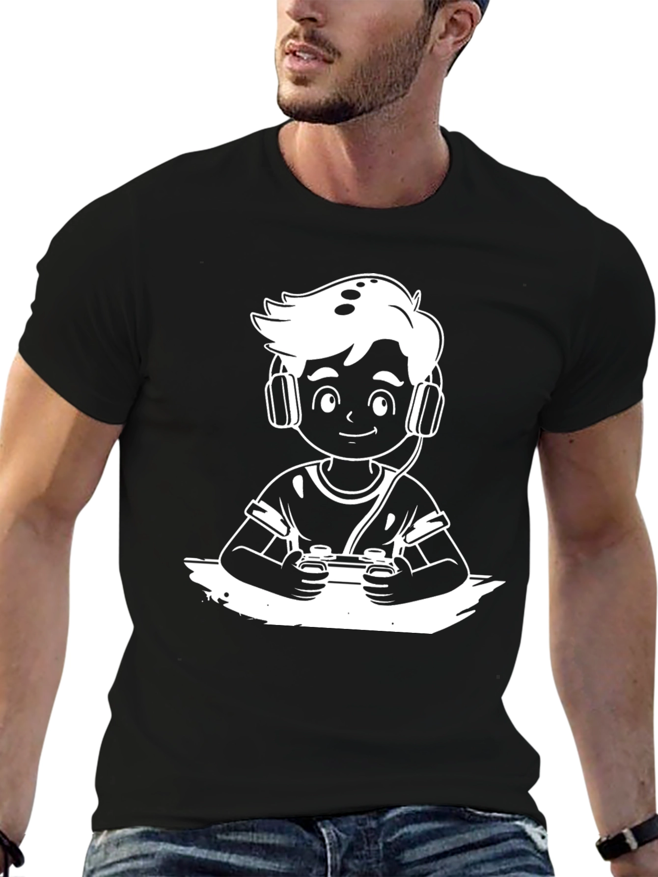 Gamer Boy Black T-Shirt - Cartoon Graphic Tee