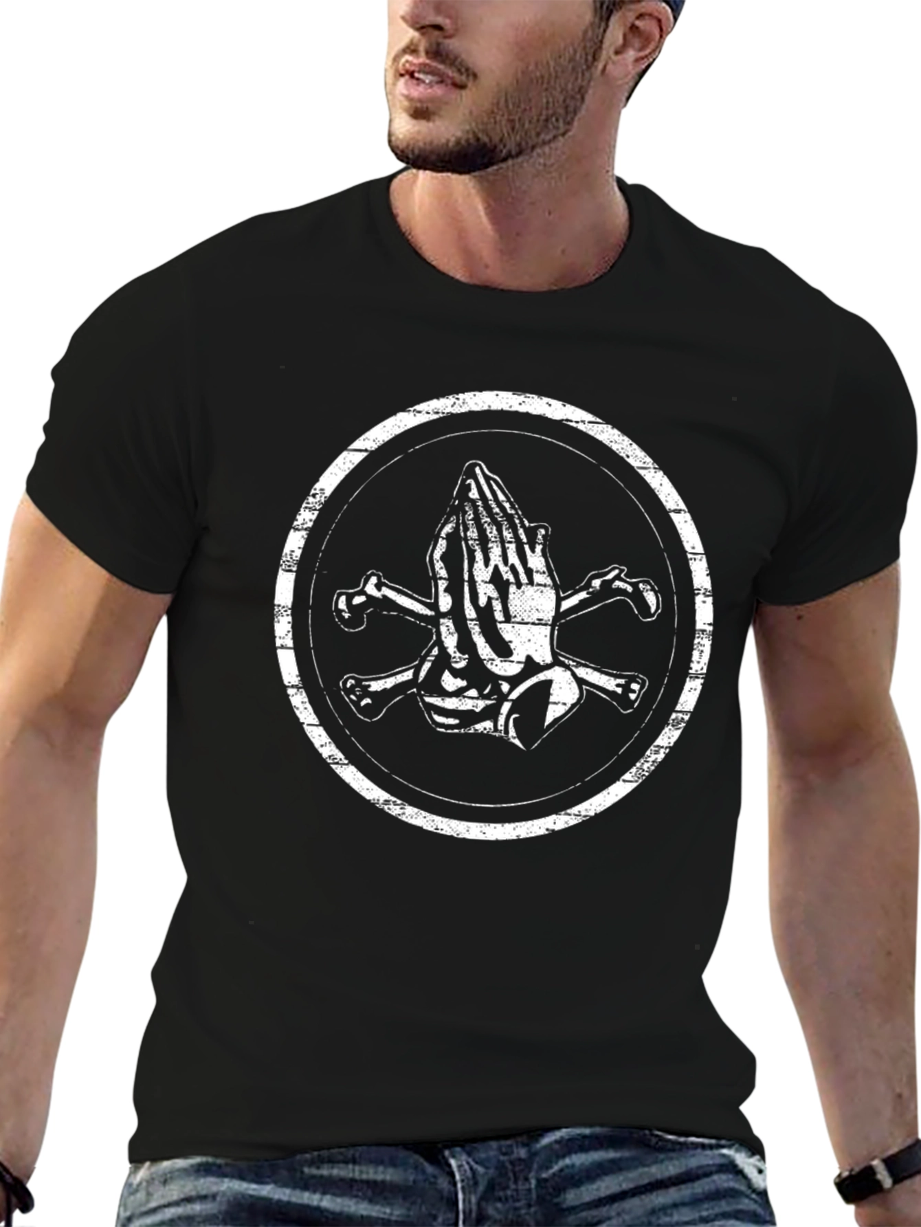 Praying Hands & Crossbones Graphic Tee - Black