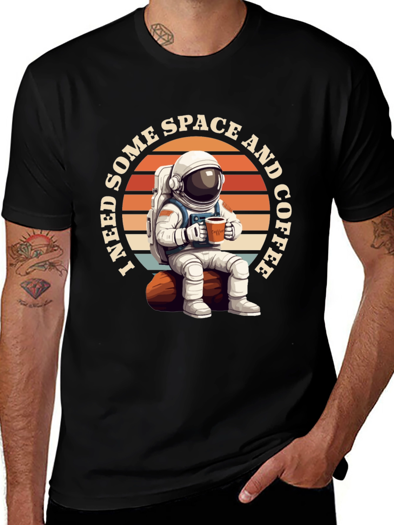 Space & Coffee Graphic T-Shirt - Relaxed Astronaut Design