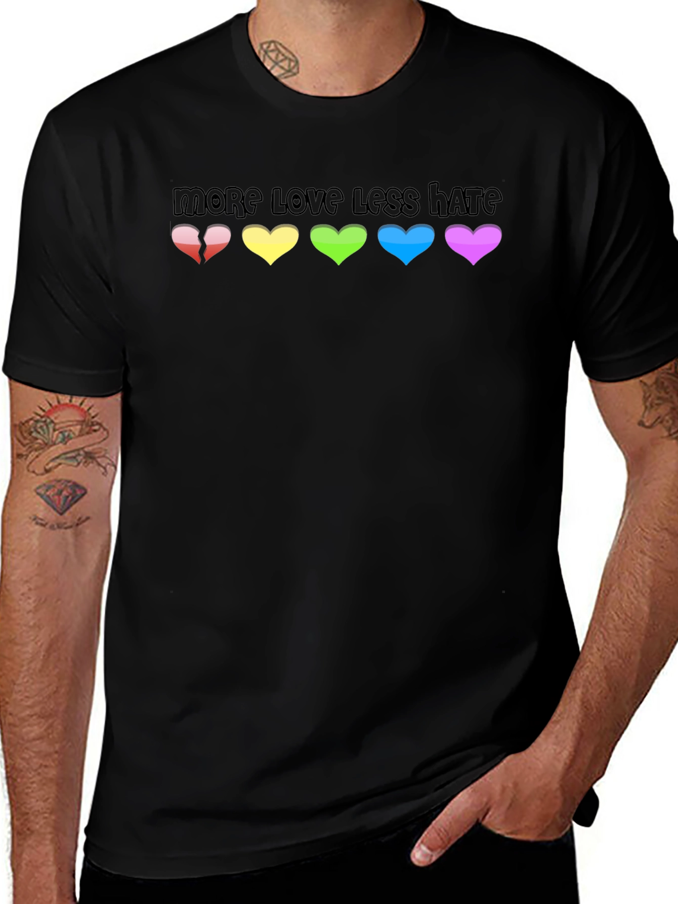 More Love Less Hate T-Shirt - Rainbow Hearts