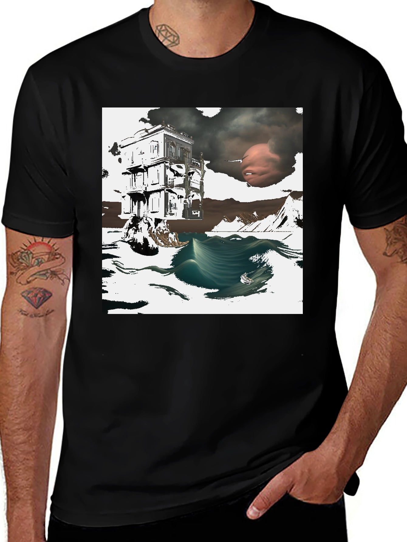 Surreal Art Print Black T-Shirt Unique Graphic Tee