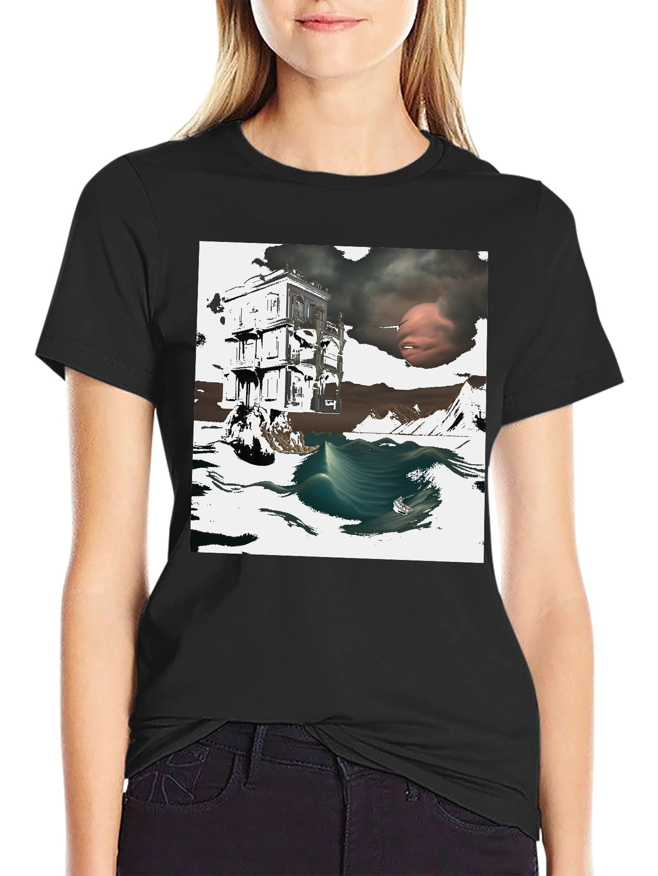 Surreal Art Print Black T-Shirt Unique Graphic Tee