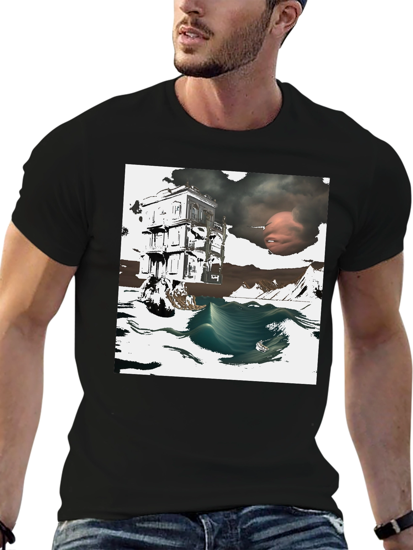 Surreal Art Print Black T-Shirt Unique Graphic Tee