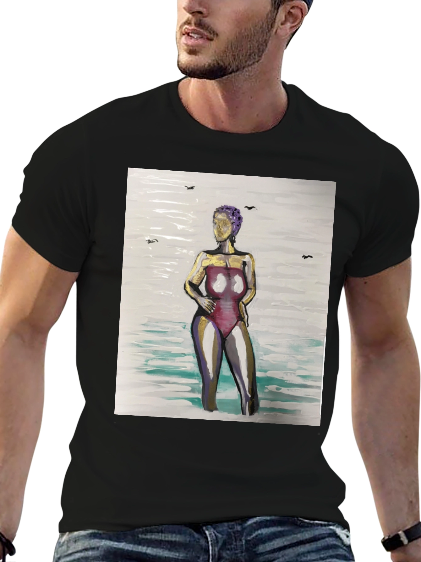 Unique Woman in Water Graphic Tee - Black
