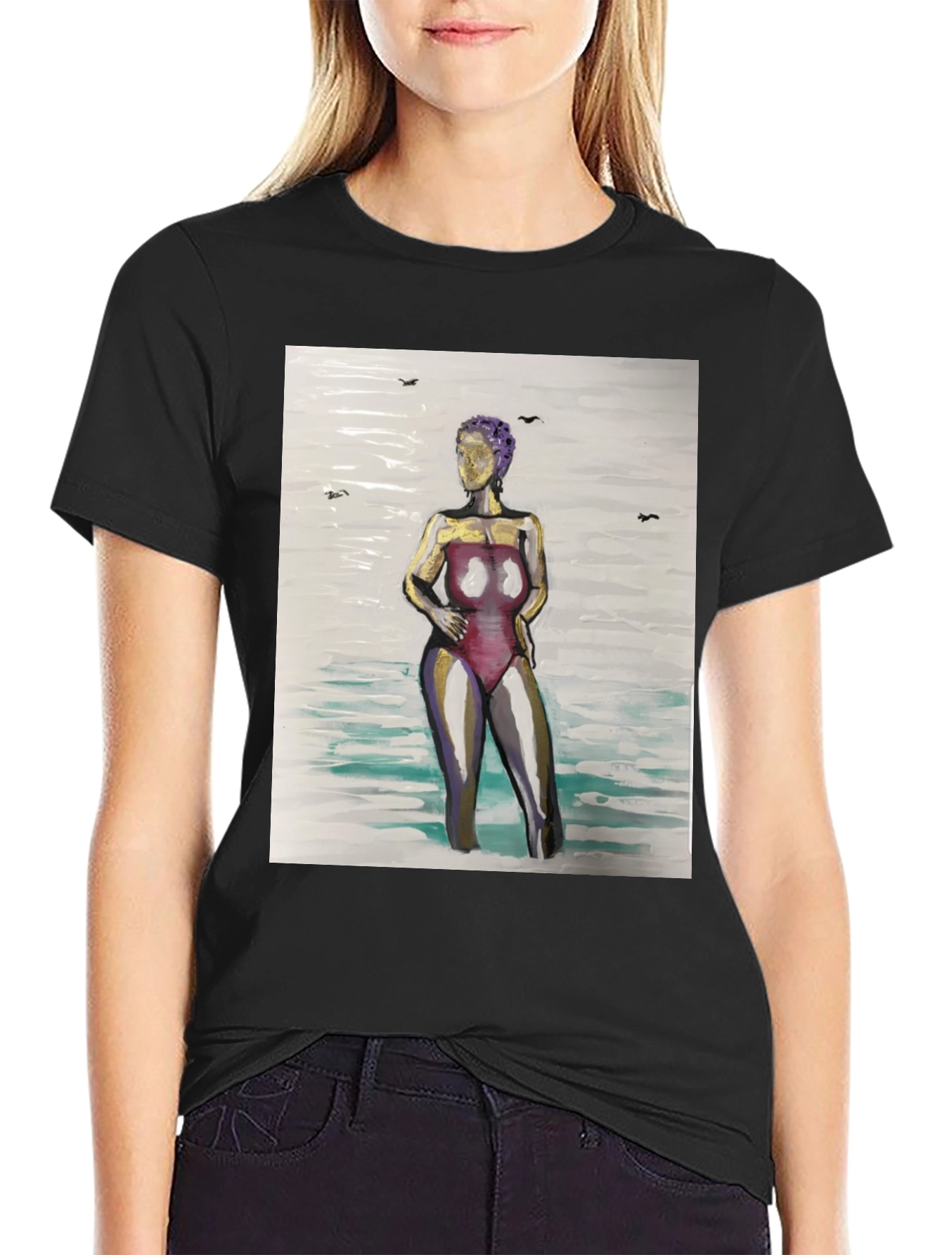 Unique Woman in Water Graphic Tee - Black