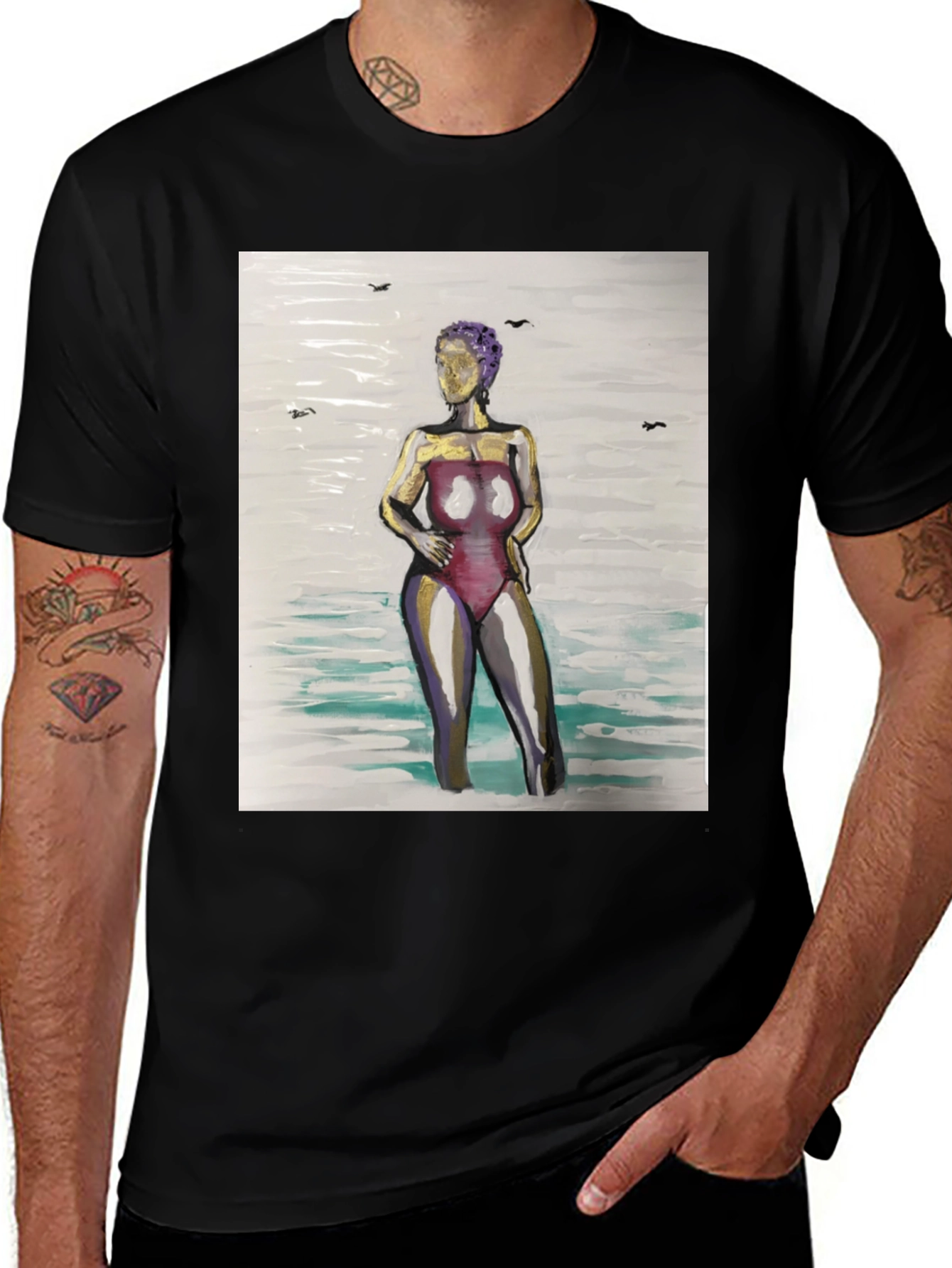 Unique Woman in Water Graphic Tee - Black