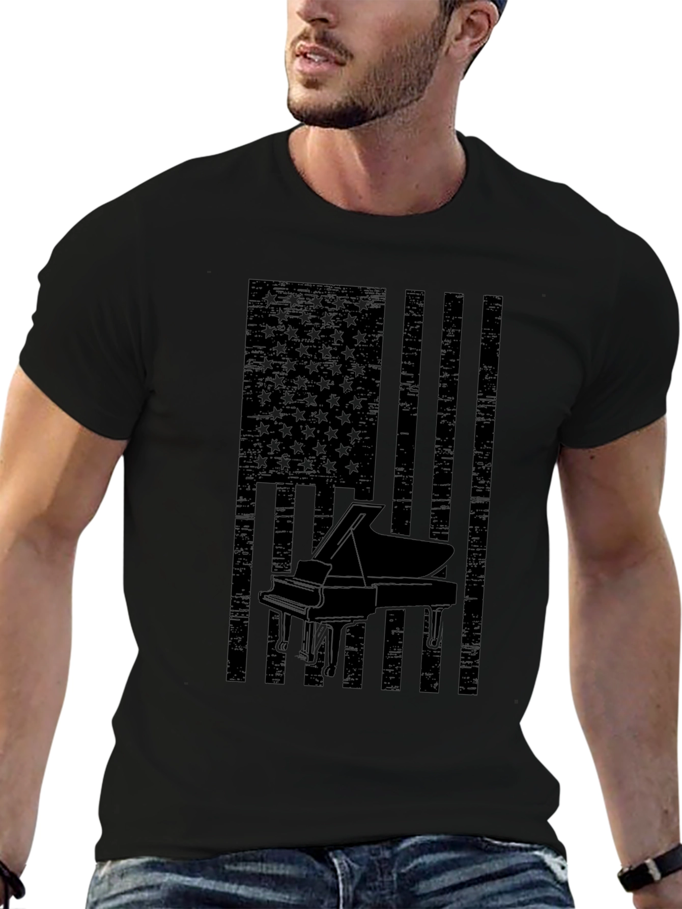 Piano American Flag Mens Black Graphic Tee