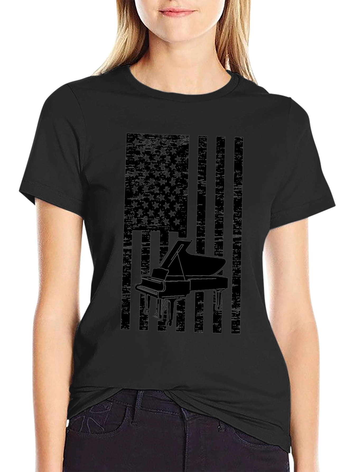 Piano American Flag Mens Black Graphic Tee