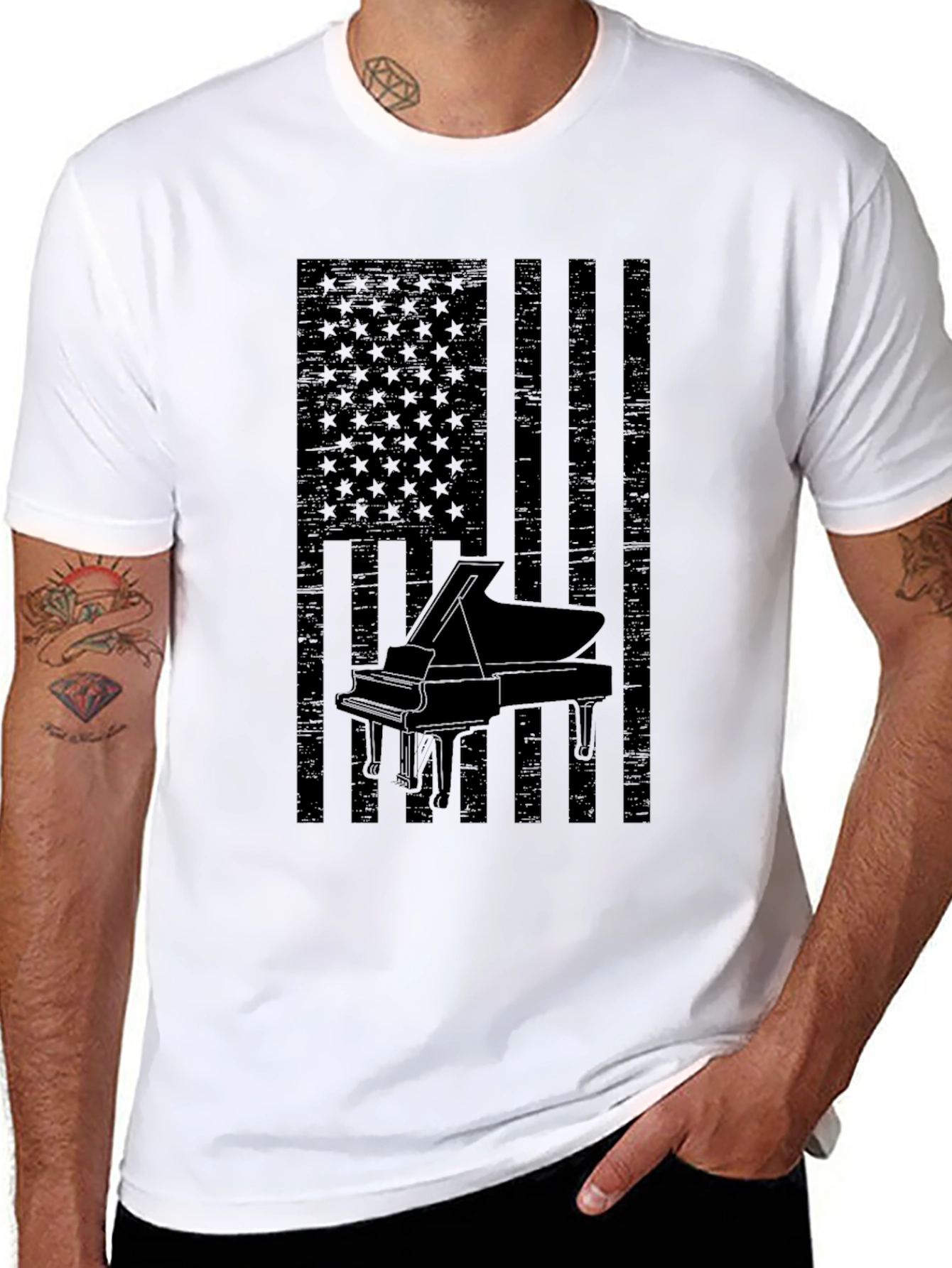 Piano American Flag Mens Black Graphic Tee