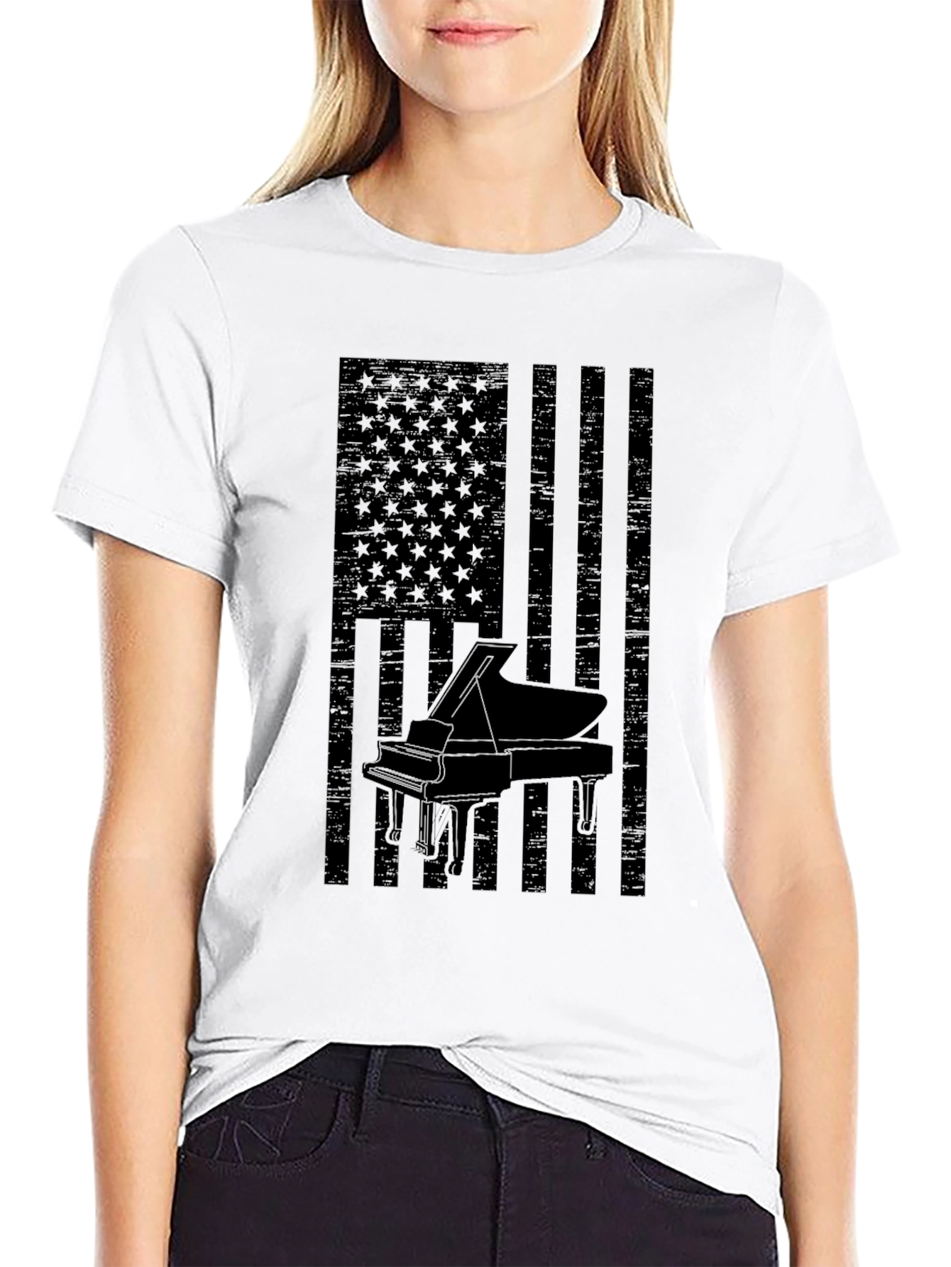 Piano American Flag Mens Black Graphic Tee
