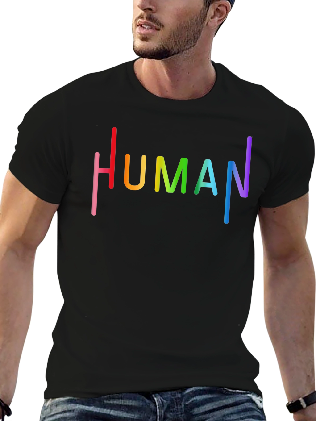 Human Pride Rainbow Text Graphic Black T-Shirt