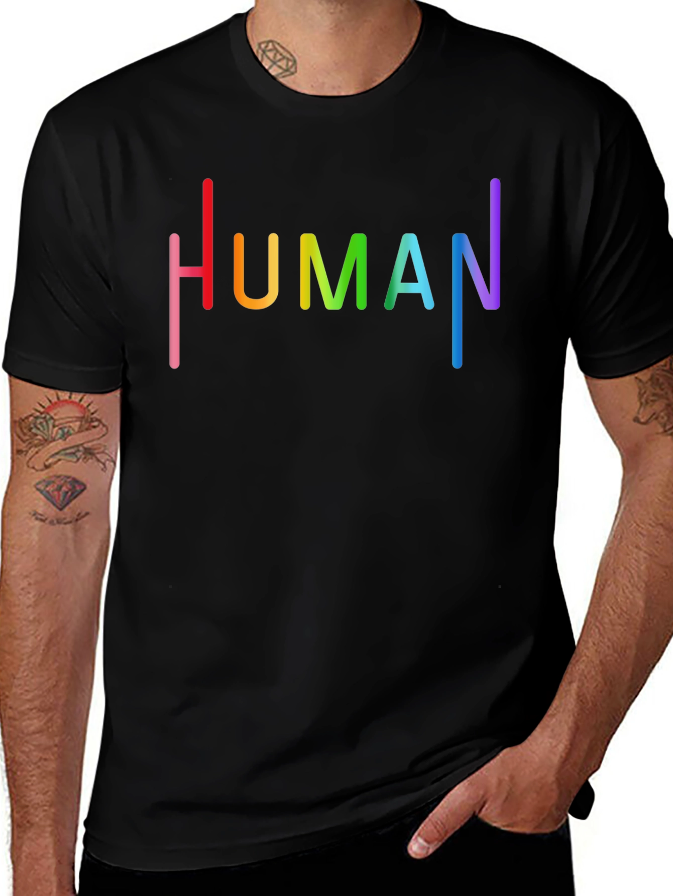 Human Pride Rainbow Text Graphic Black T-Shirt