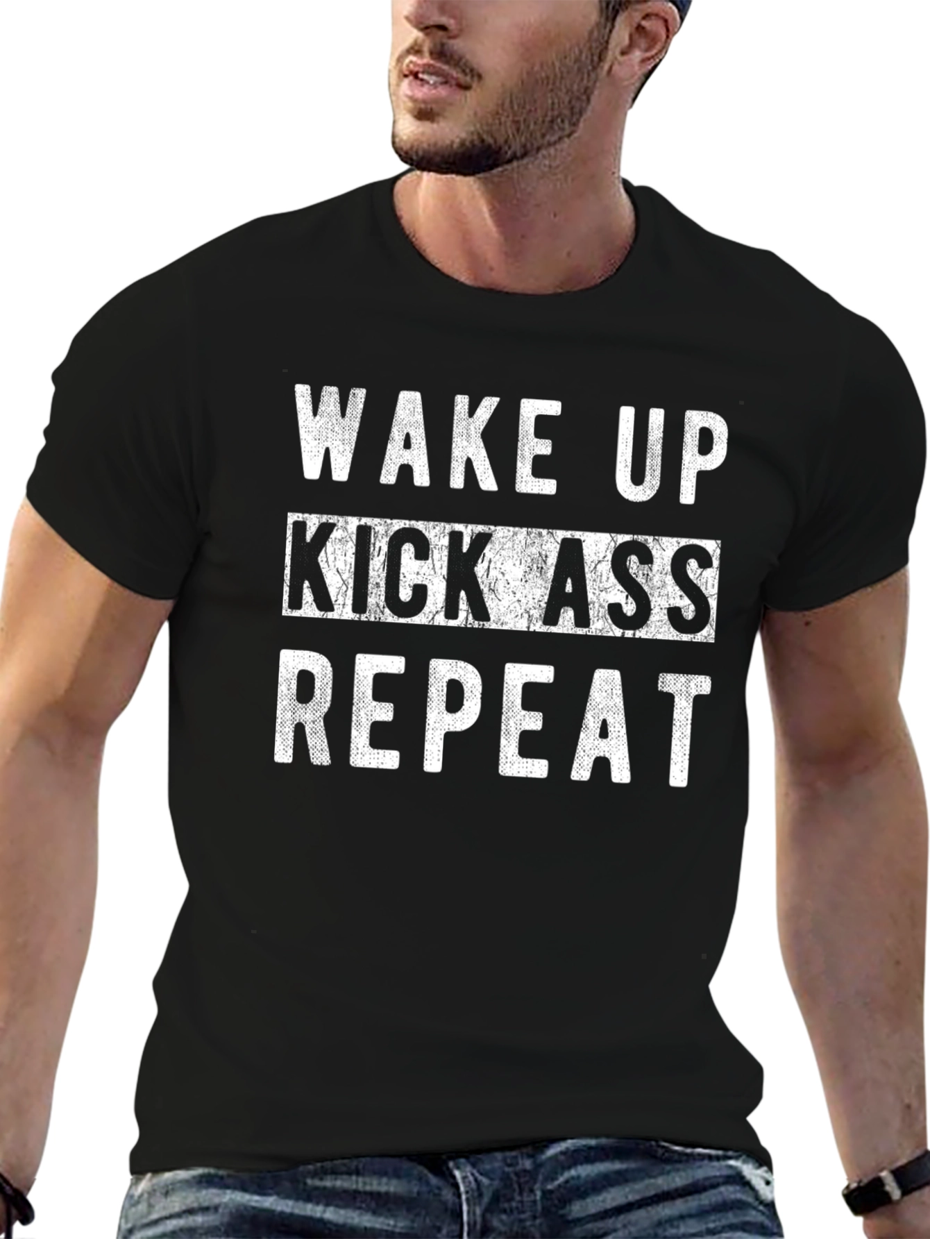 Wake Up Kick Ass Repeat Black Graphic Tee