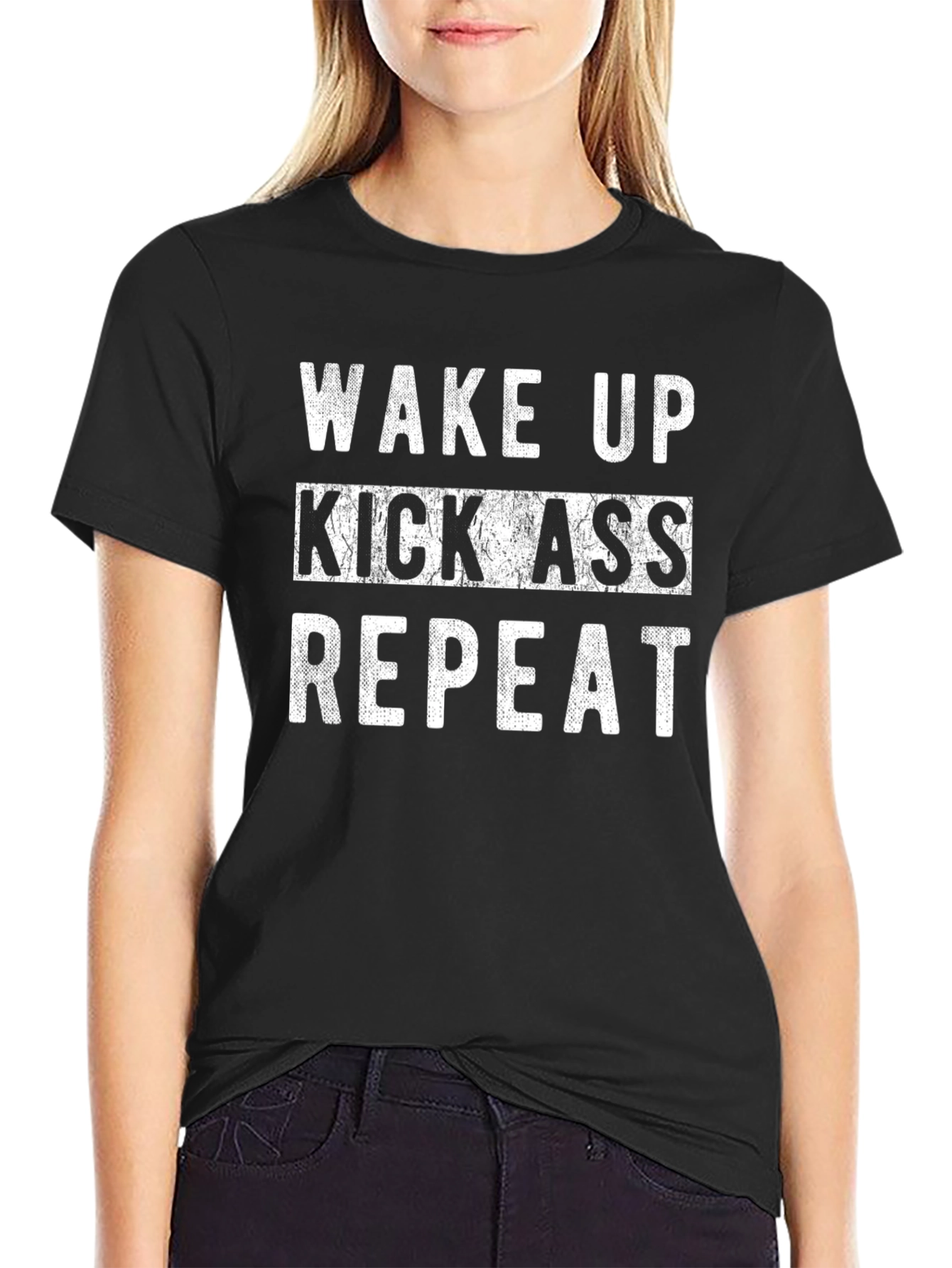 Wake Up Kick Ass Repeat Black Graphic Tee