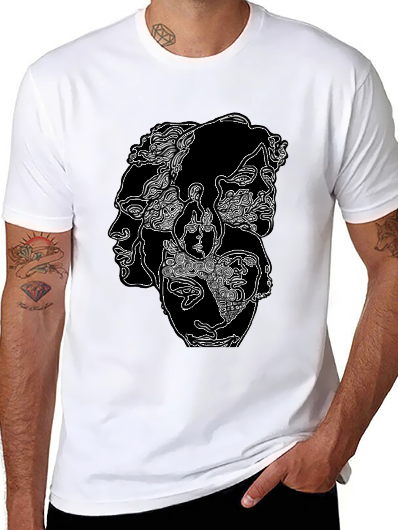 Abstract Faces Graphic Print Black T-Shirt