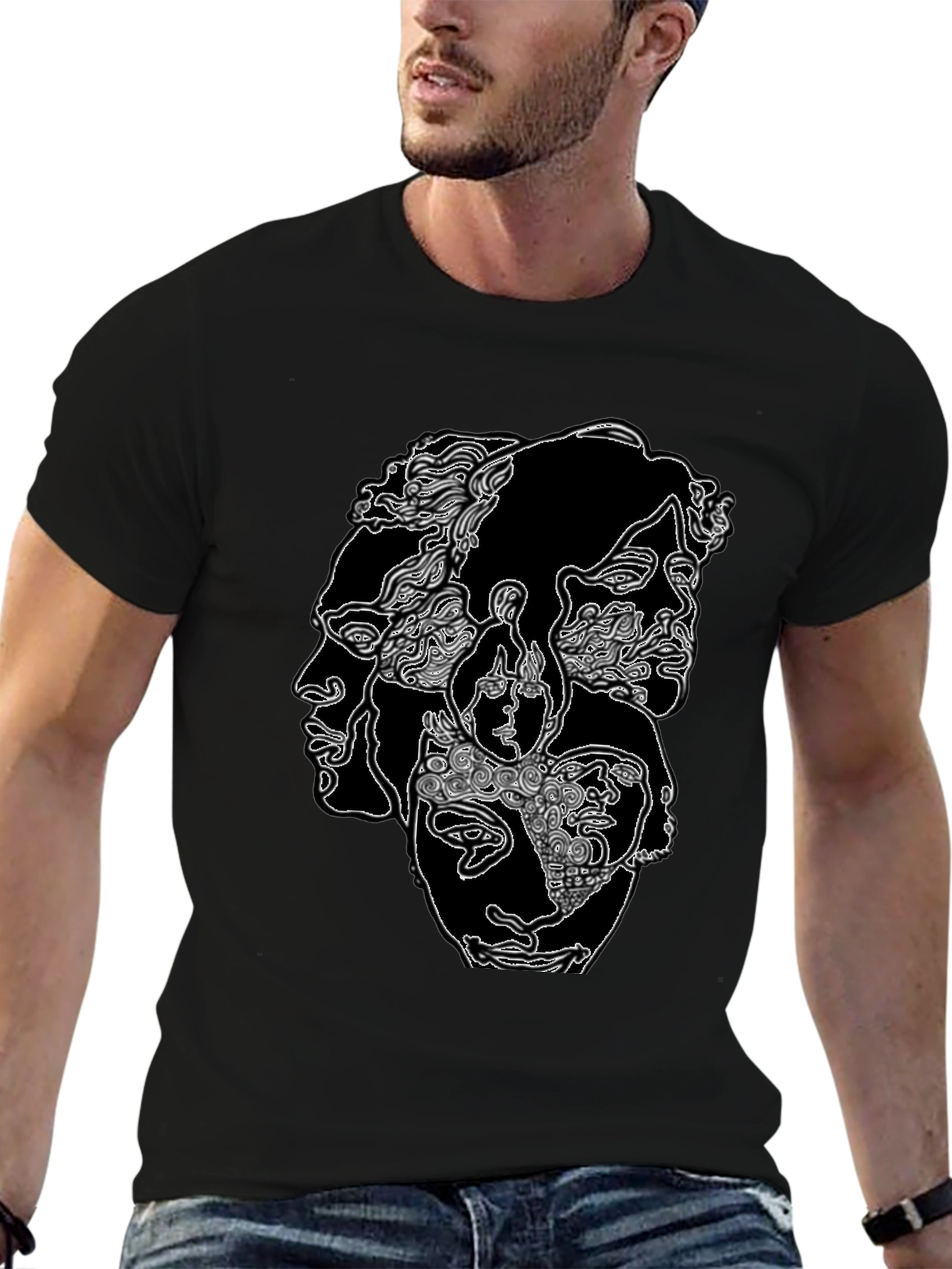 Abstract Faces Graphic Print Black T-Shirt