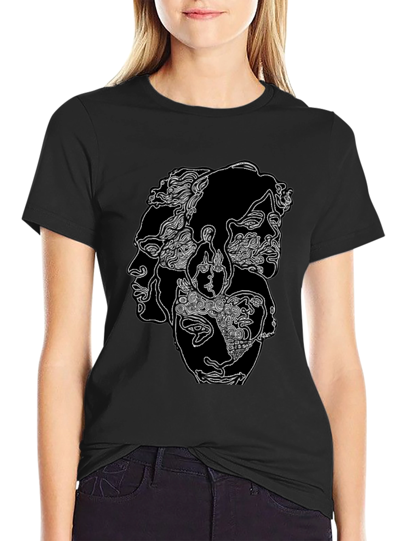 Abstract Faces Graphic Print Black T-Shirt
