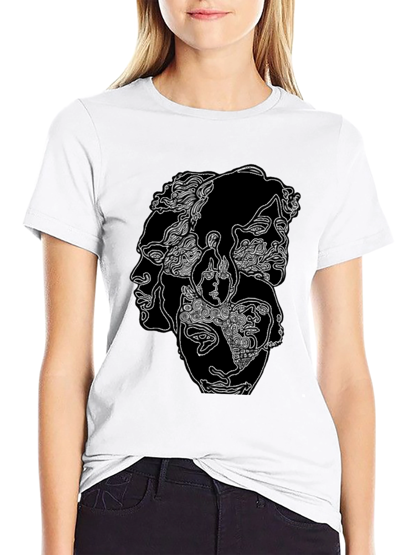 Abstract Faces Graphic Print Black T-Shirt