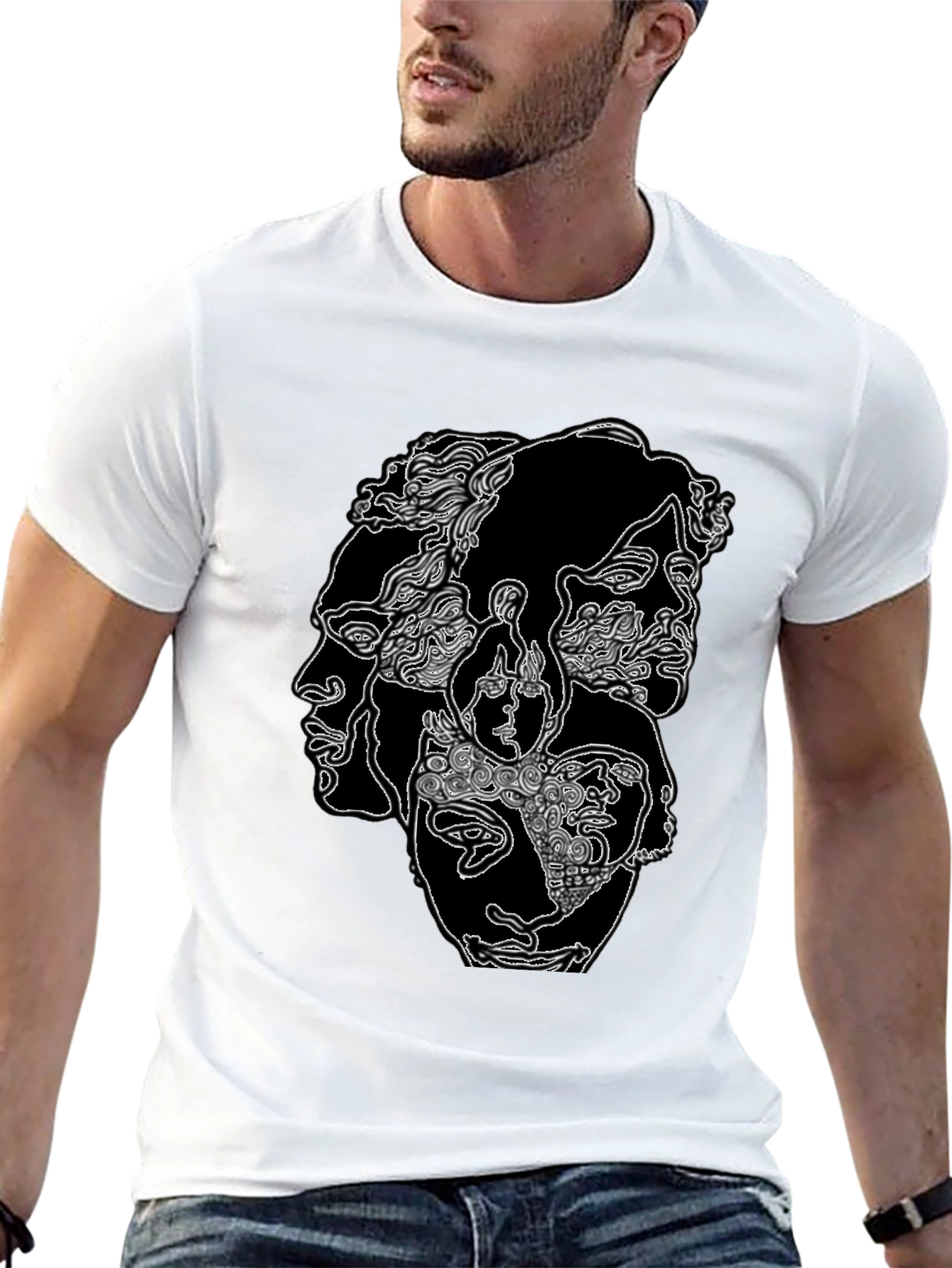 Abstract Faces Graphic Print Black T-Shirt