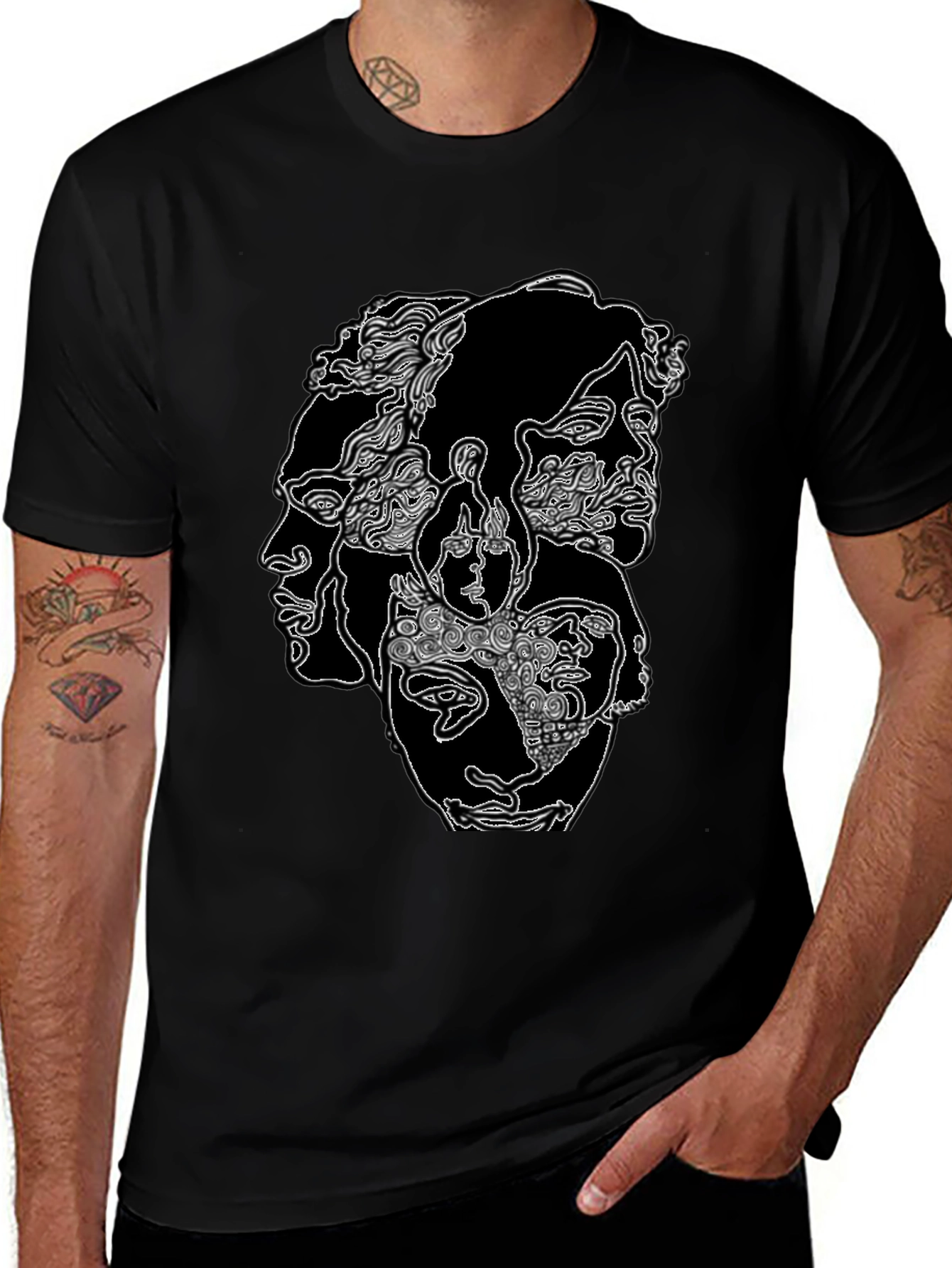 Abstract Faces Graphic Print Black T-Shirt