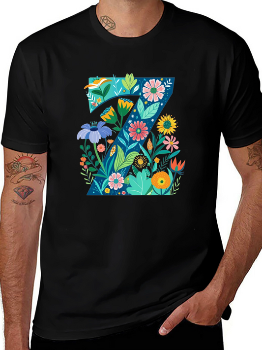 Floral Letter Z Black T-Shirt - Nature Inspired Design