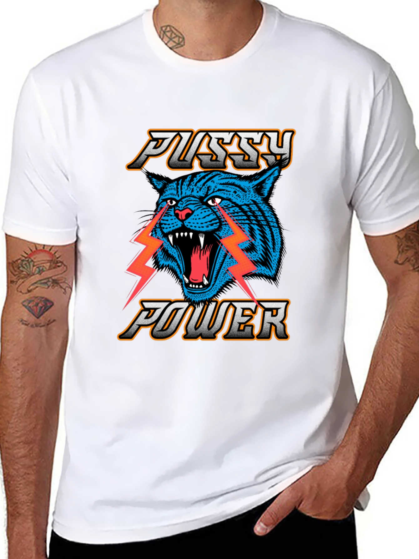 Pussy Power Graphic Tee - Blue Cat Lightning