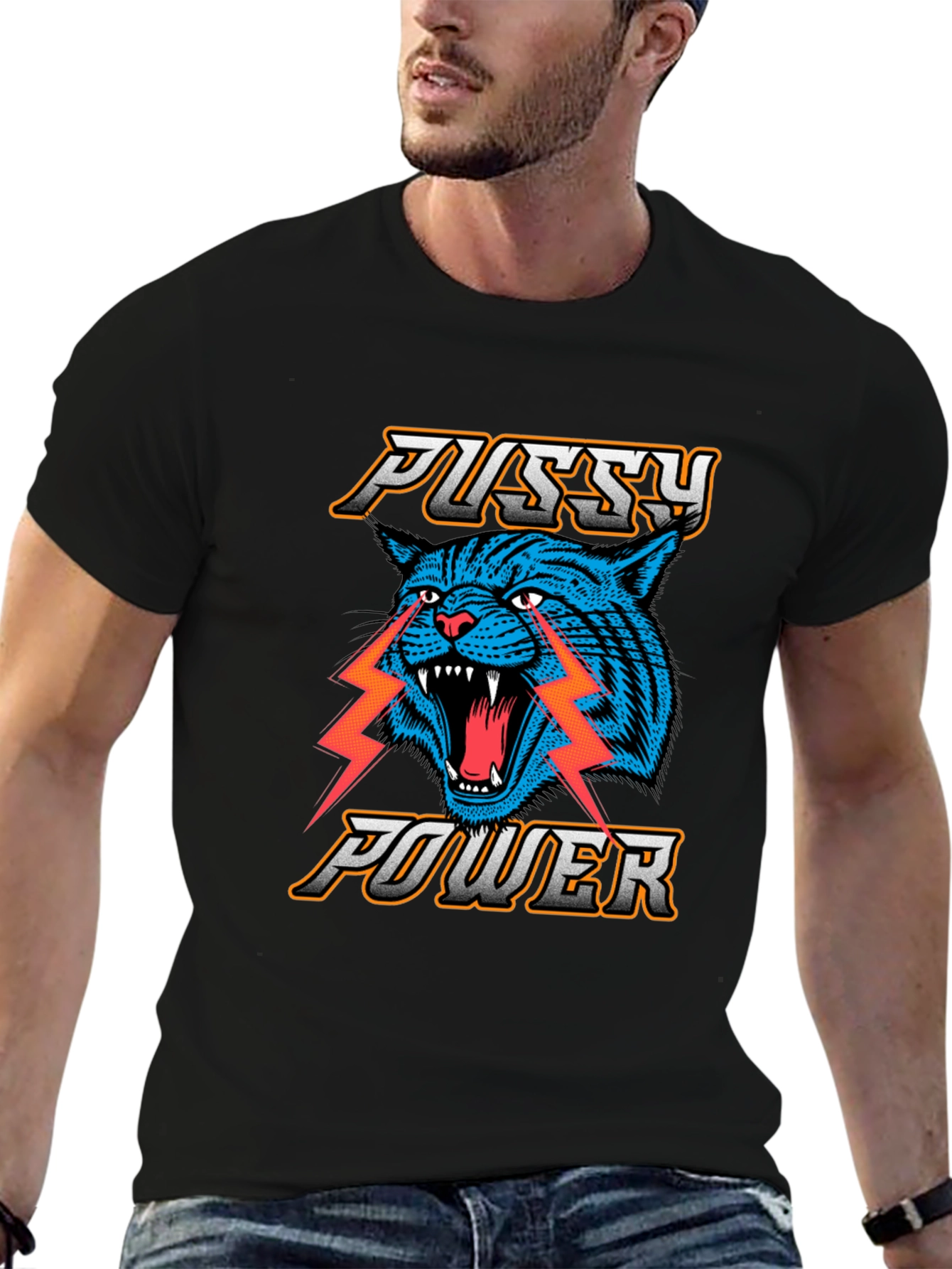 Pussy Power Graphic Tee - Blue Cat Lightning