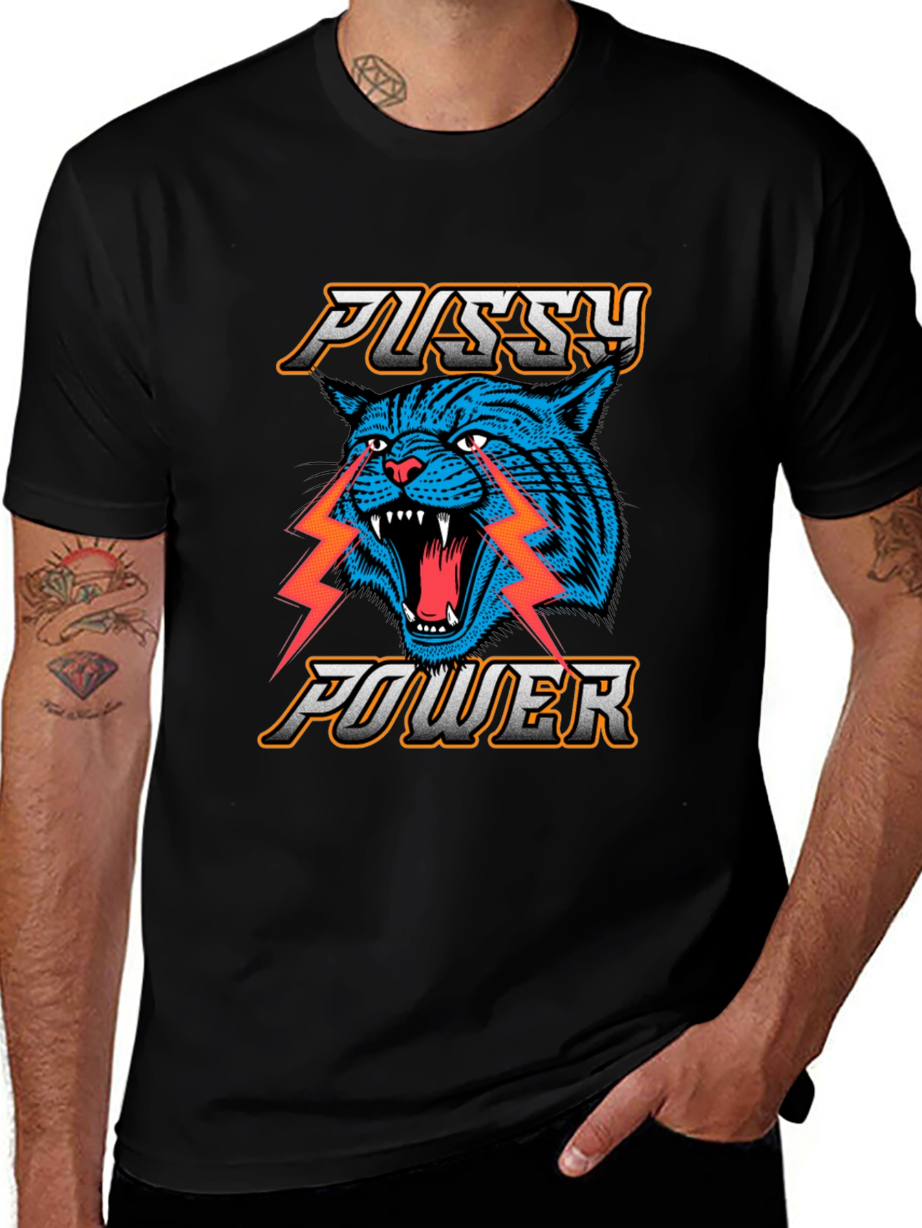 Pussy Power Graphic Tee - Blue Cat Lightning