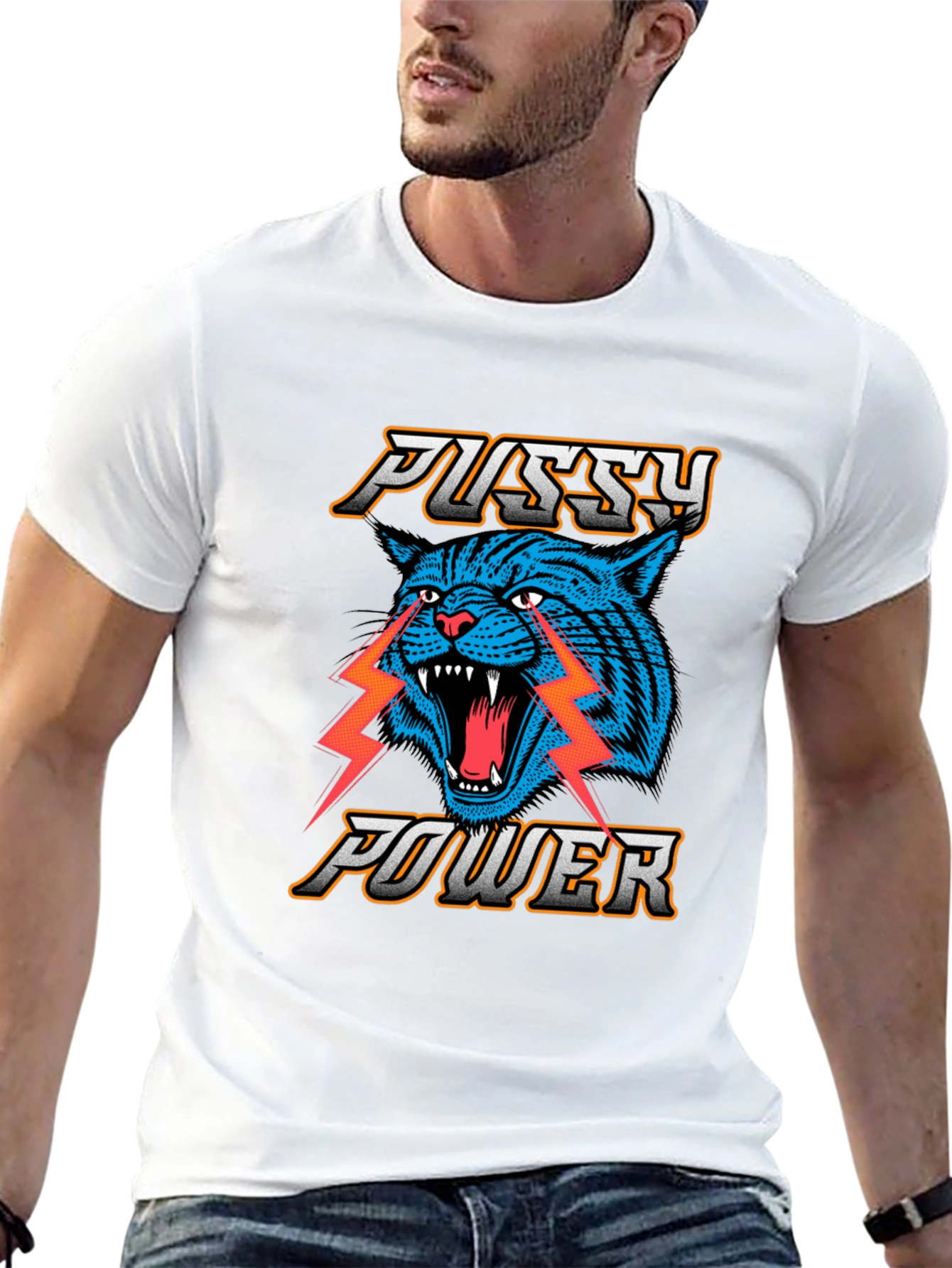 Pussy Power Graphic Tee - Blue Cat Lightning