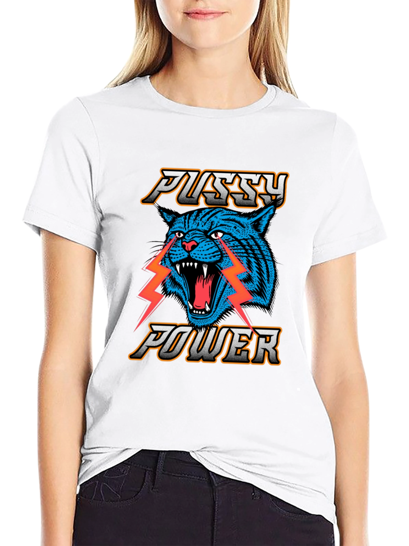 Pussy Power Graphic Tee - Blue Cat Lightning