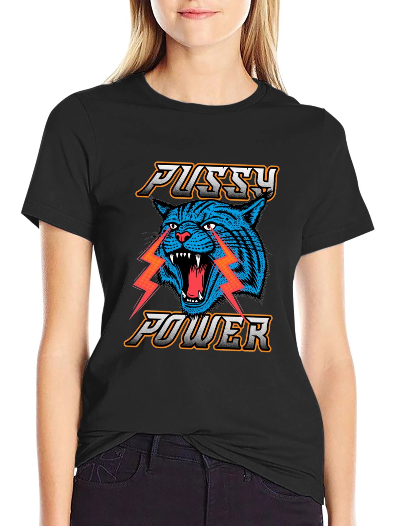 Pussy Power Graphic Tee - Blue Cat Lightning