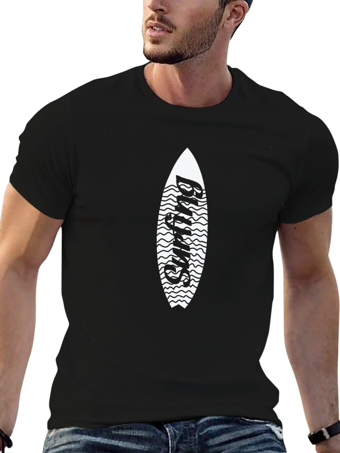 Surfing Surfboard Graphic Tee - Black