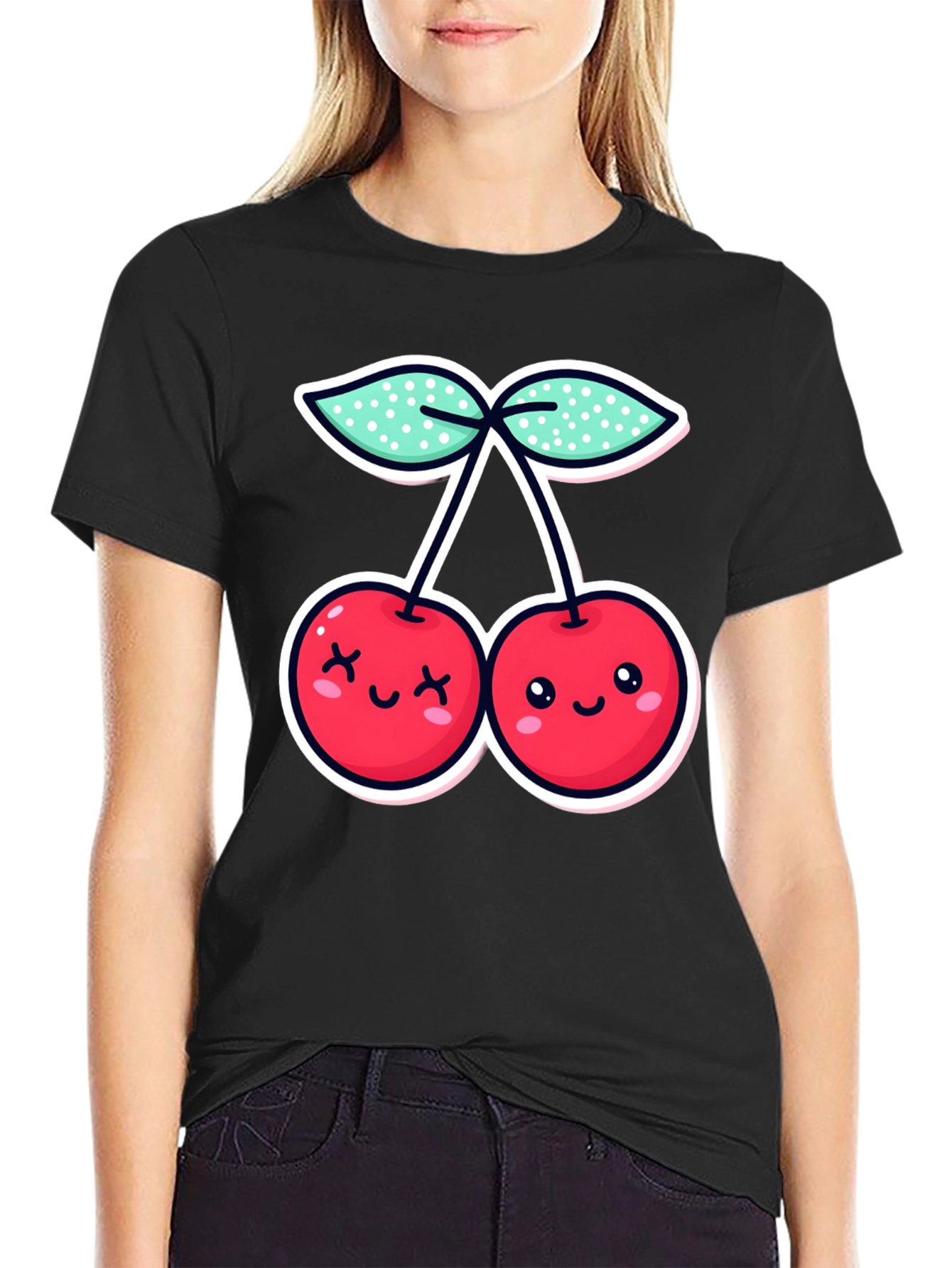 Cute Cherries Graphic Tee - Black Cotton T-Shirt