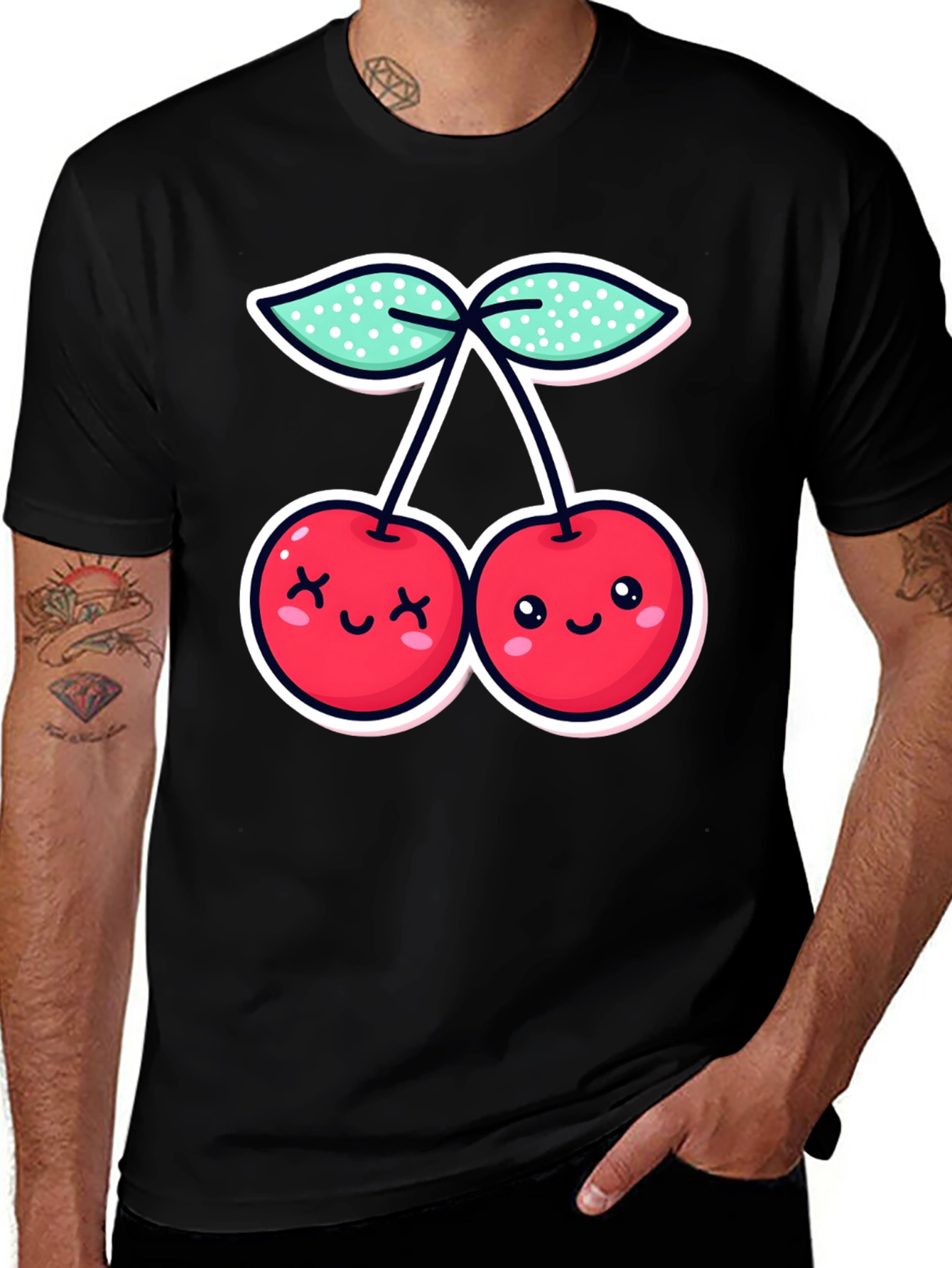 Cute Cherries Graphic Tee - Black Cotton T-Shirt