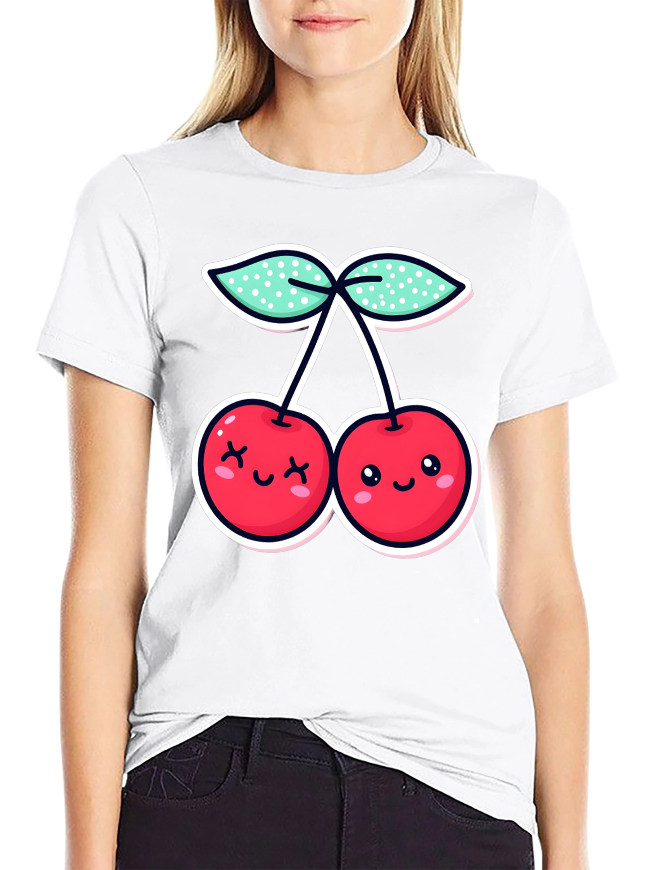 Cute Cherries Graphic Tee - Black Cotton T-Shirt