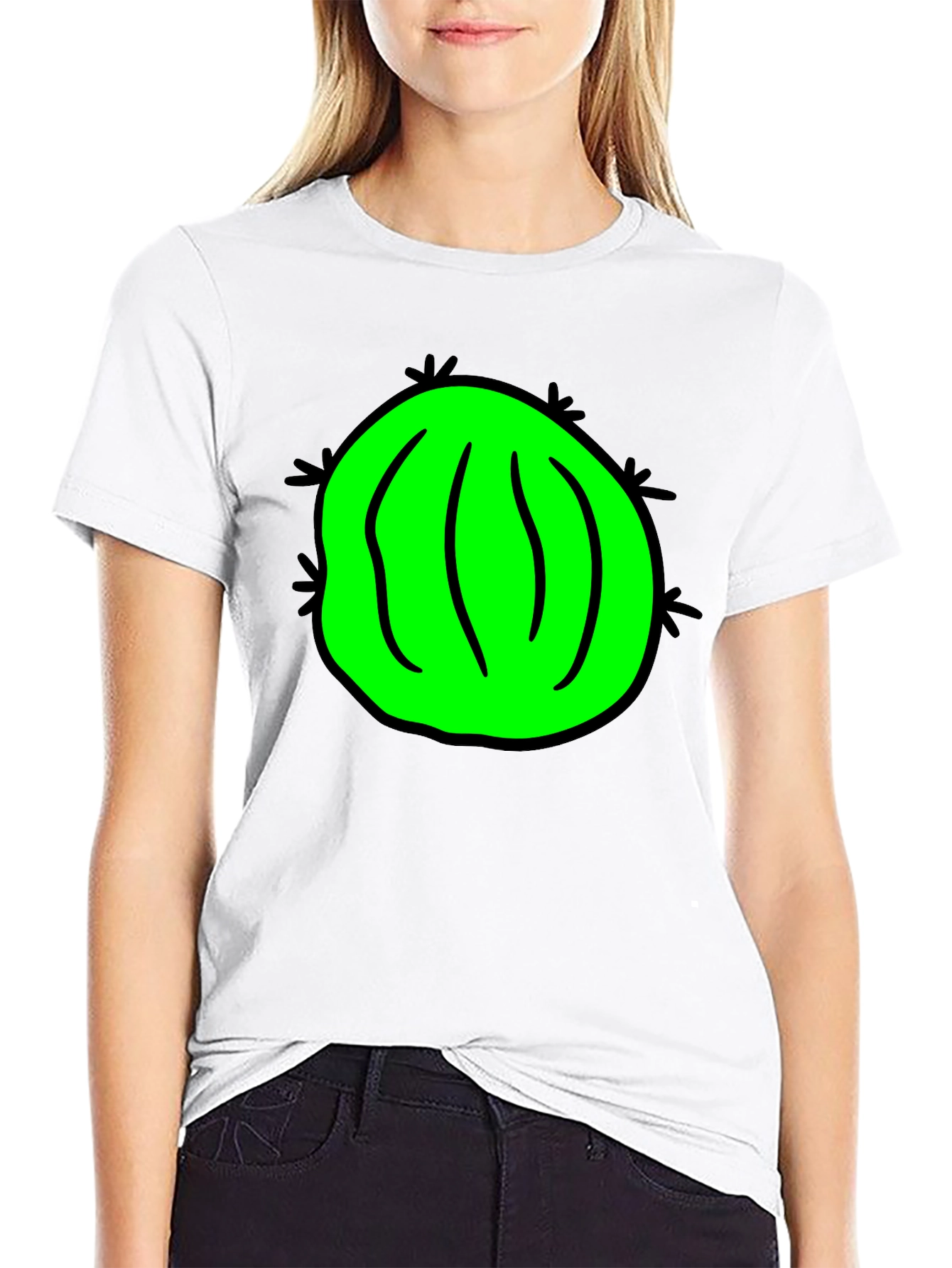 Novelty Green Cactus Graphic Black T-Shirt