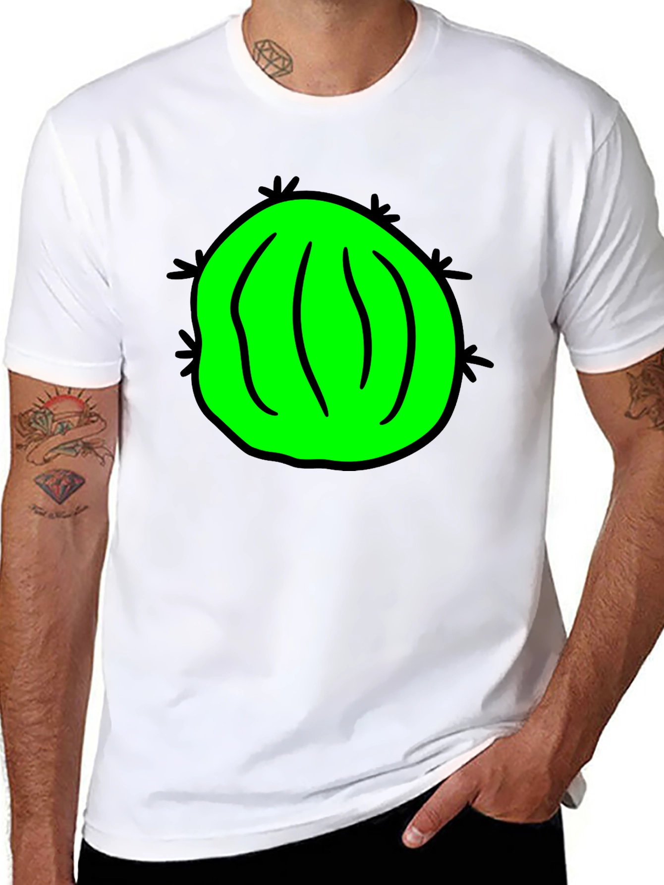 Novelty Green Cactus Graphic Black T-Shirt