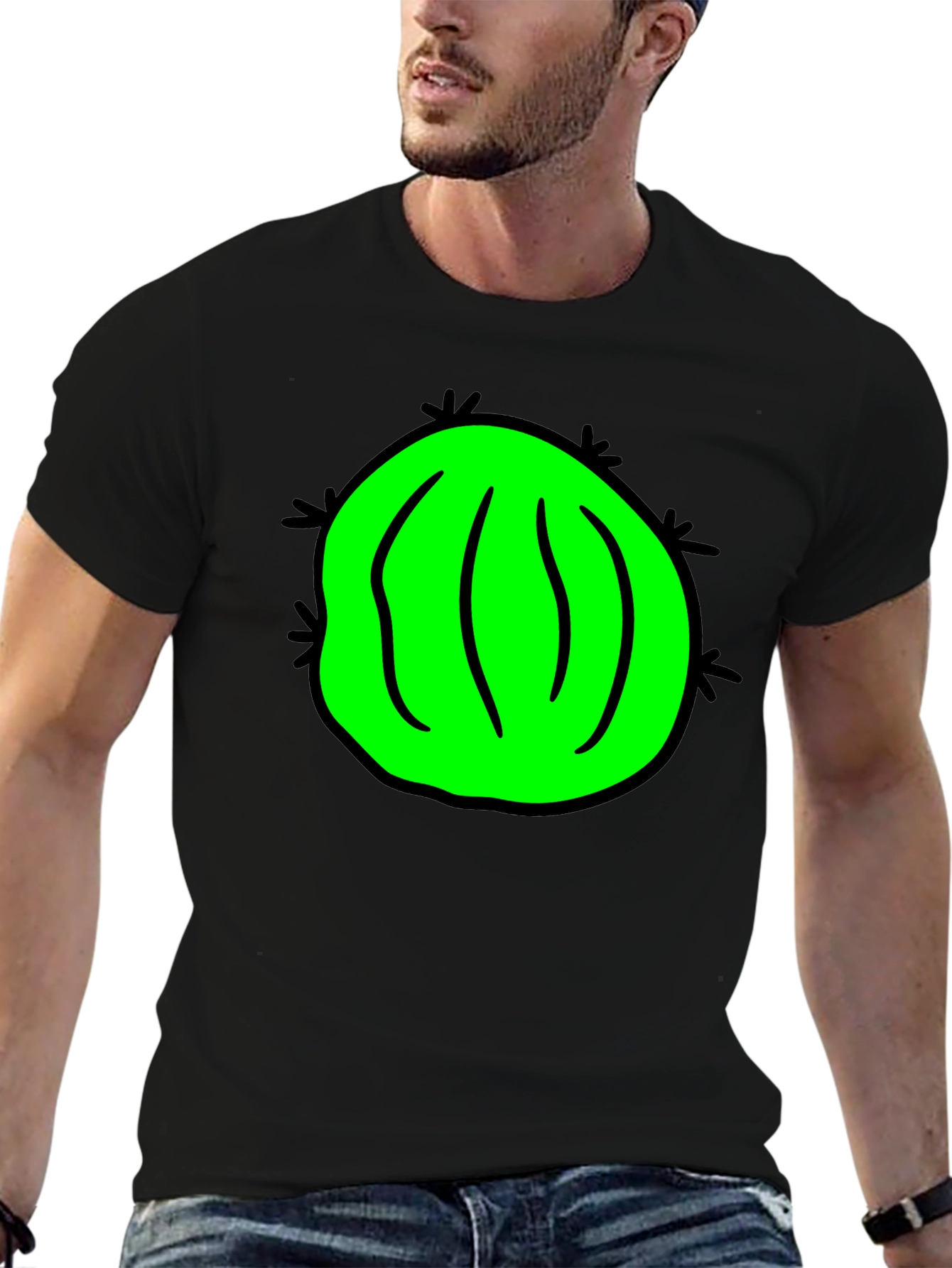 Novelty Green Cactus Graphic Black T-Shirt