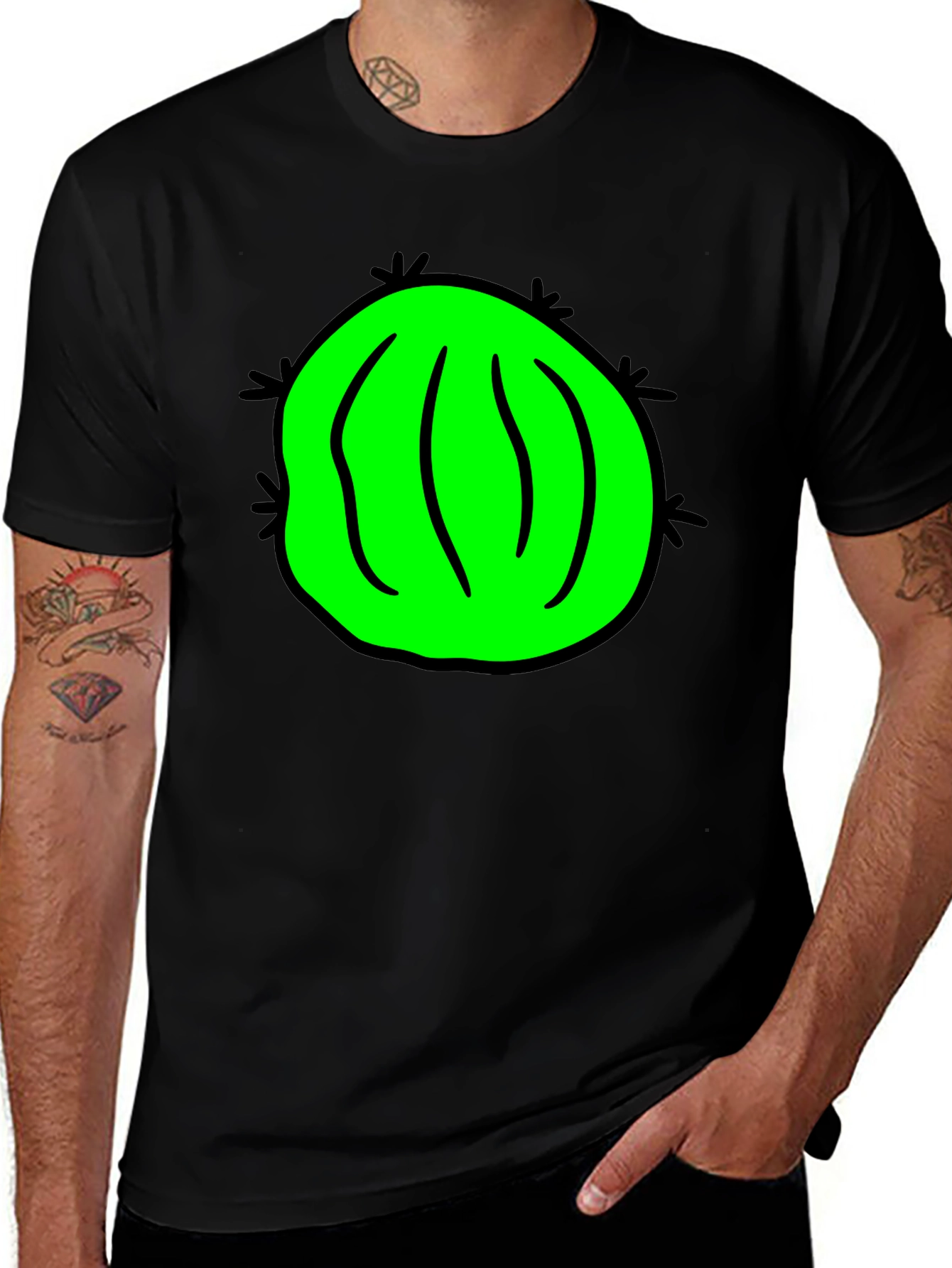 Novelty Green Cactus Graphic Black T-Shirt