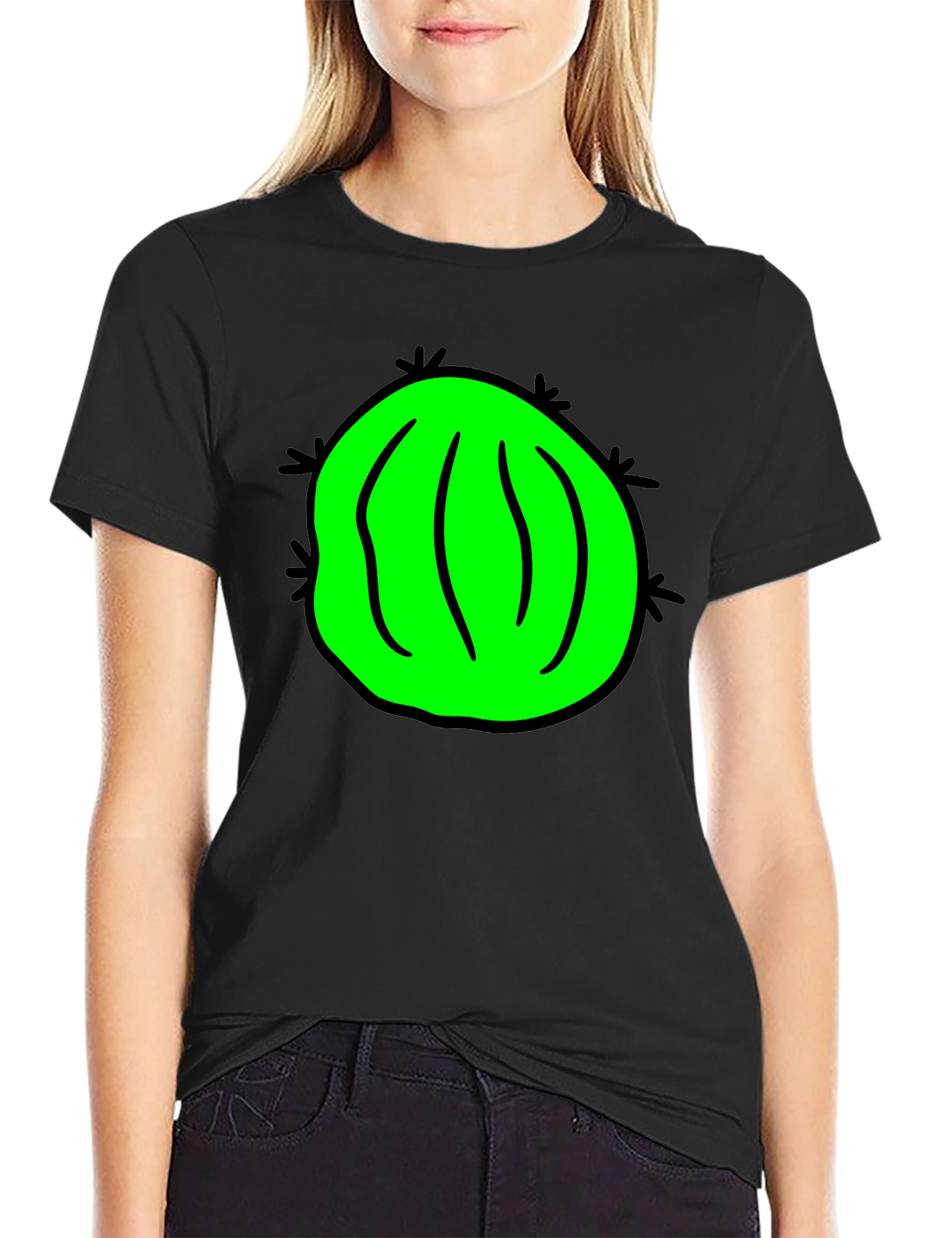 Novelty Green Cactus Graphic Black T-Shirt