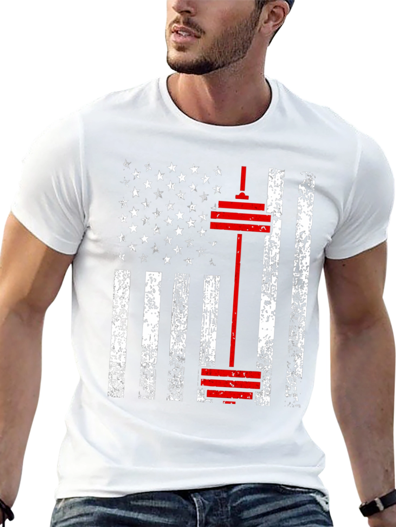 American Flag Barbell T-Shirt - Patriotic Gym Wear