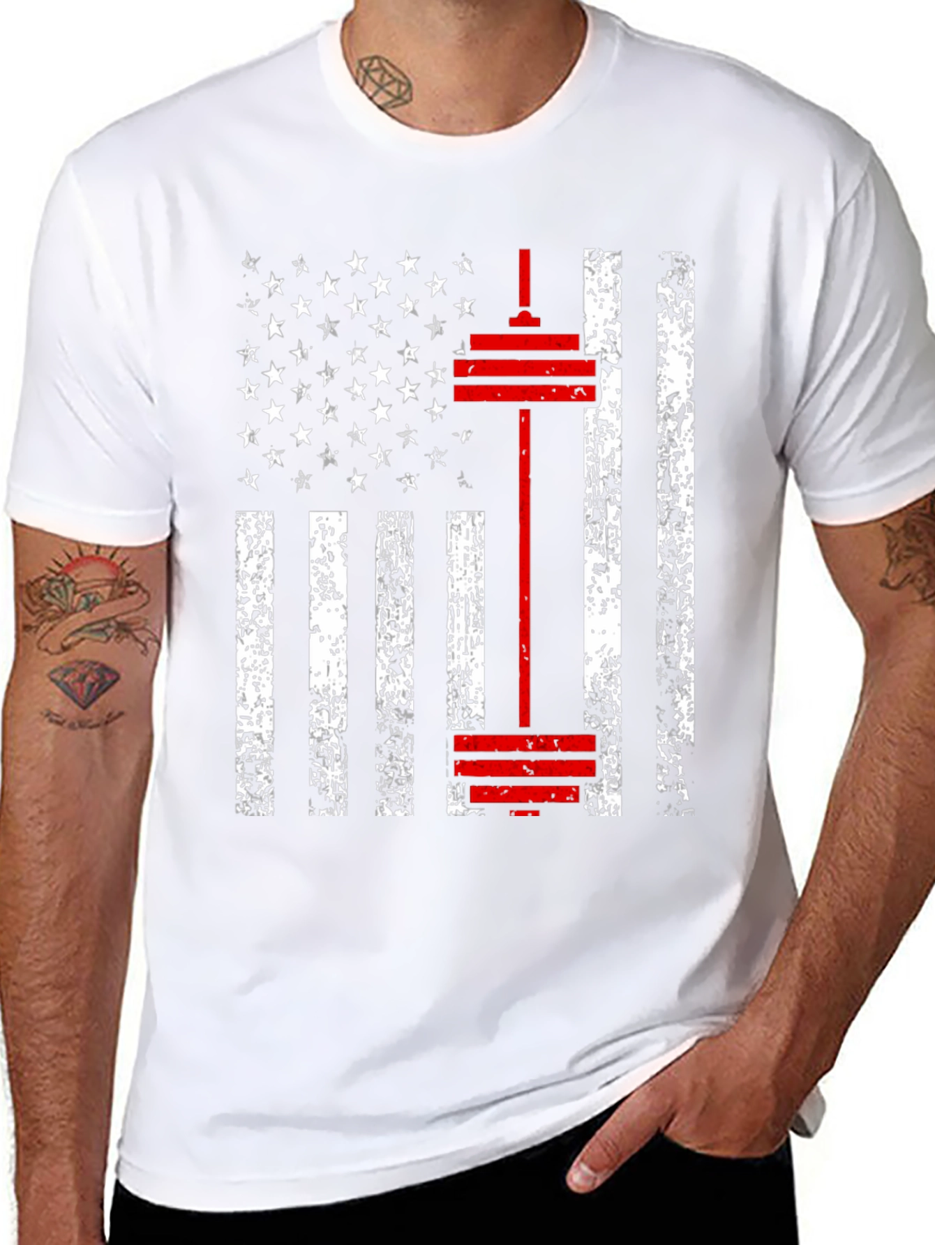 American Flag Barbell T-Shirt - Patriotic Gym Wear