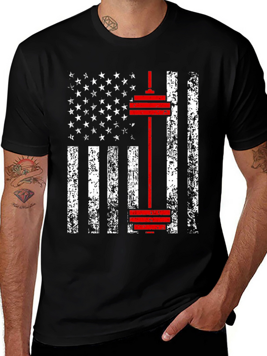 American Flag Barbell T-Shirt - Patriotic Gym Wear
